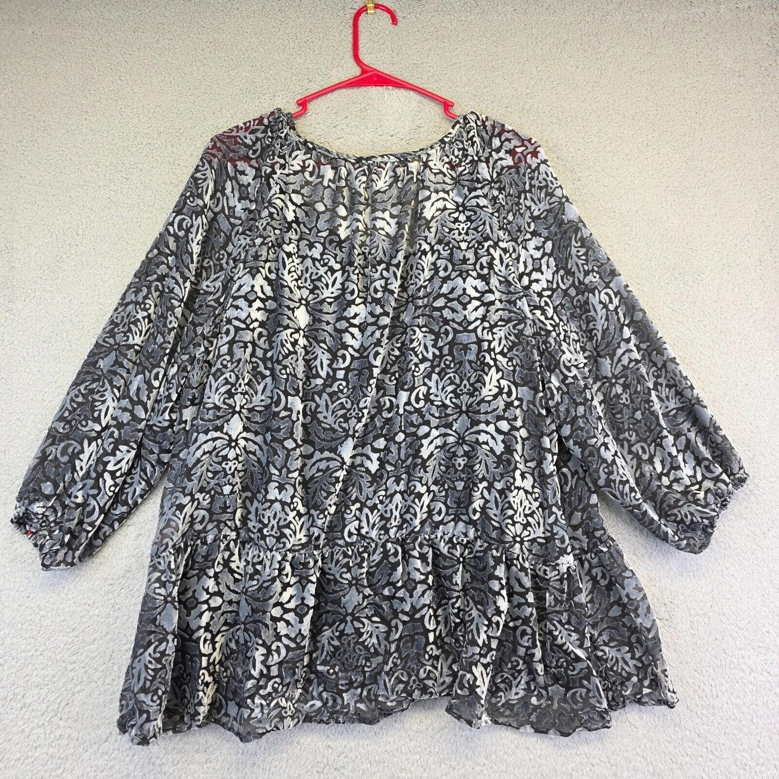 Whimsigoth Top Womens XXL 20 Silver Black Damask Floral Velvet Burnout Witchy
