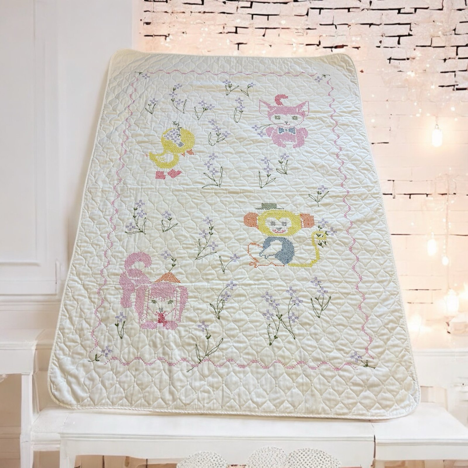 1960 Handmade Quilted Needlepoint Baby Blanket Animals Dog Cat Monkey Duck