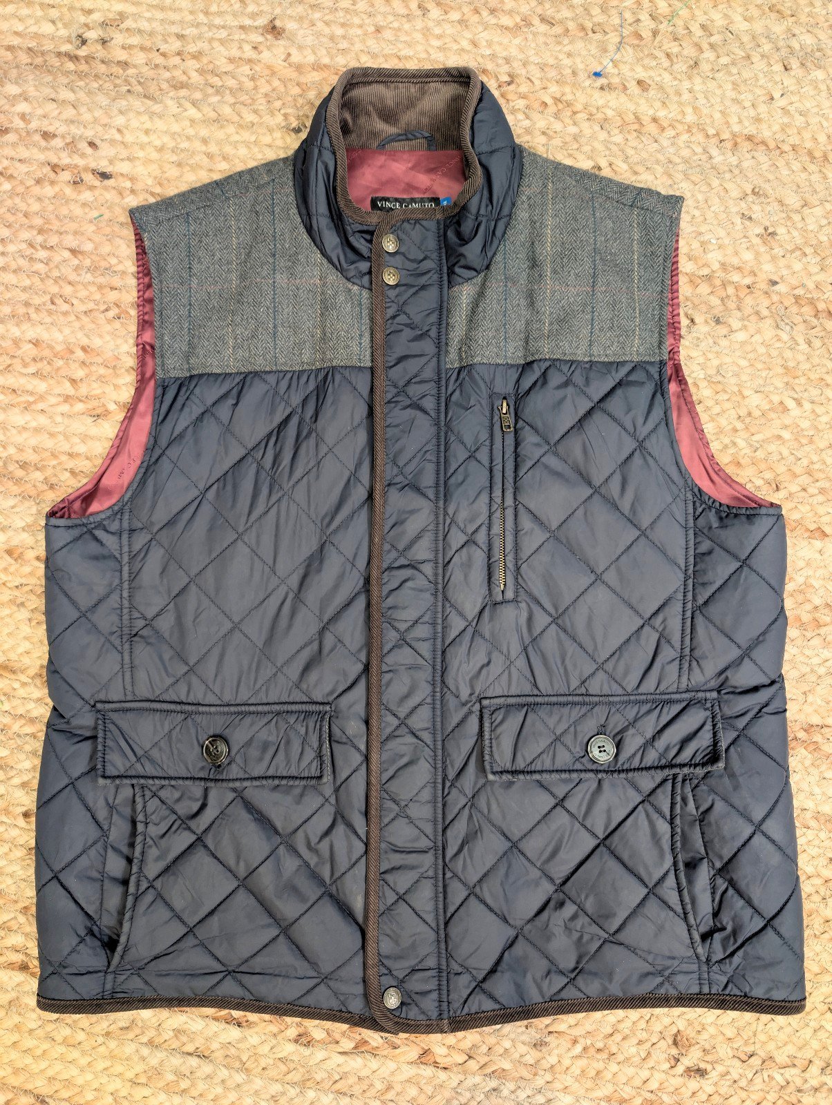 Vince Camuto Blue Red Gray Puffer Tweed Casual Outdoor Vest Men's Size XL