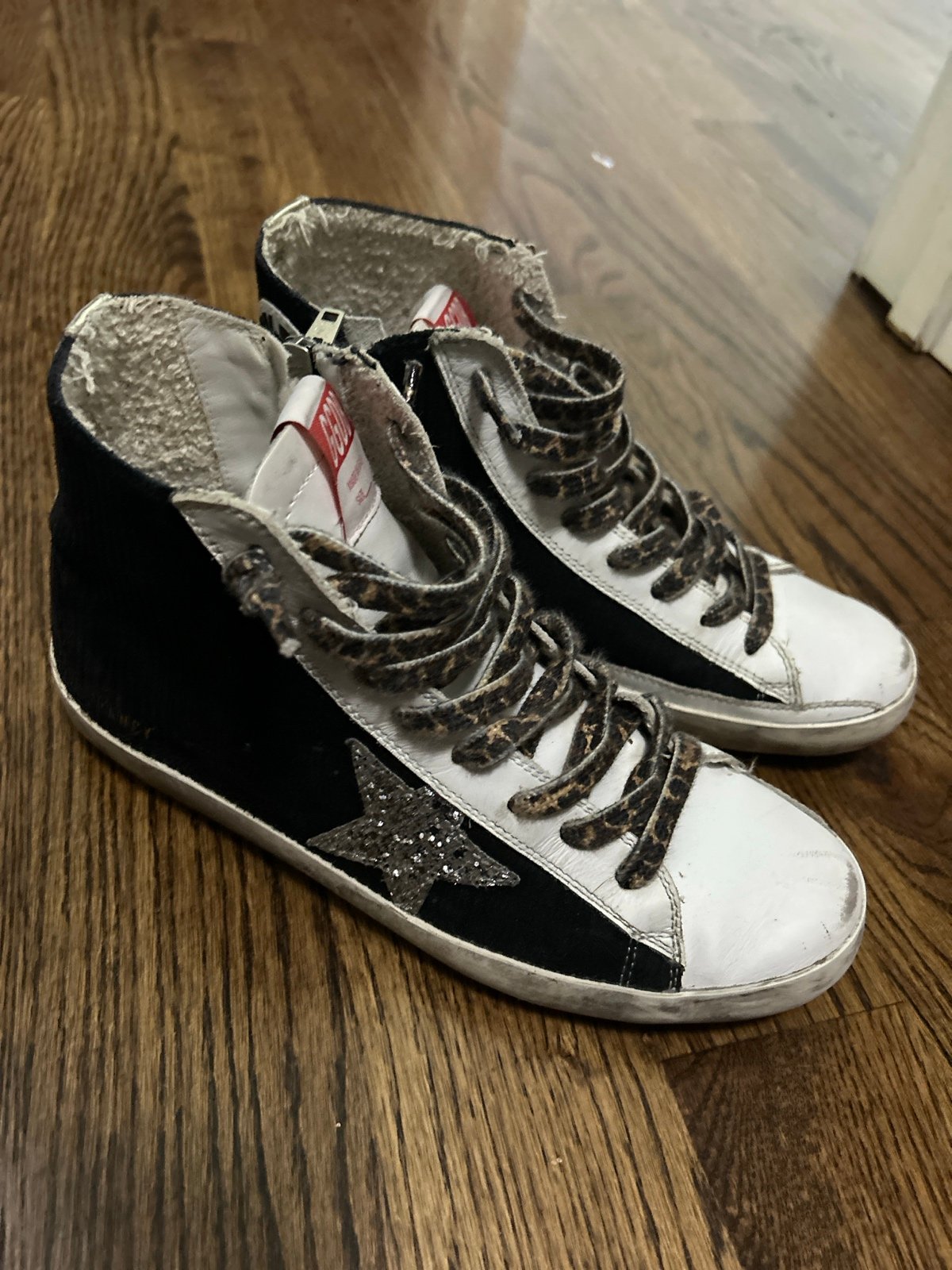 Women's golden goose, Francy, high top sneakers, silver, glitter, , leopard lace