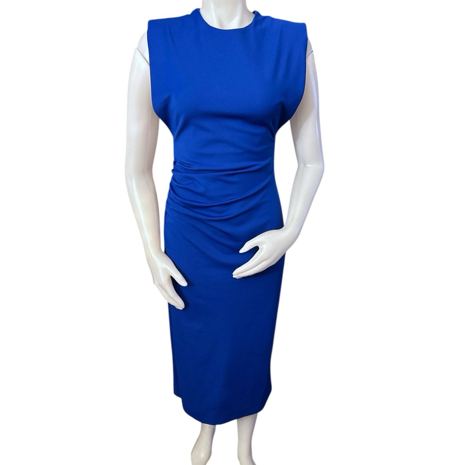 Zara Royal Blue Draped Intense Blue Midi Dress Round Neck Shoulder Pads Size S