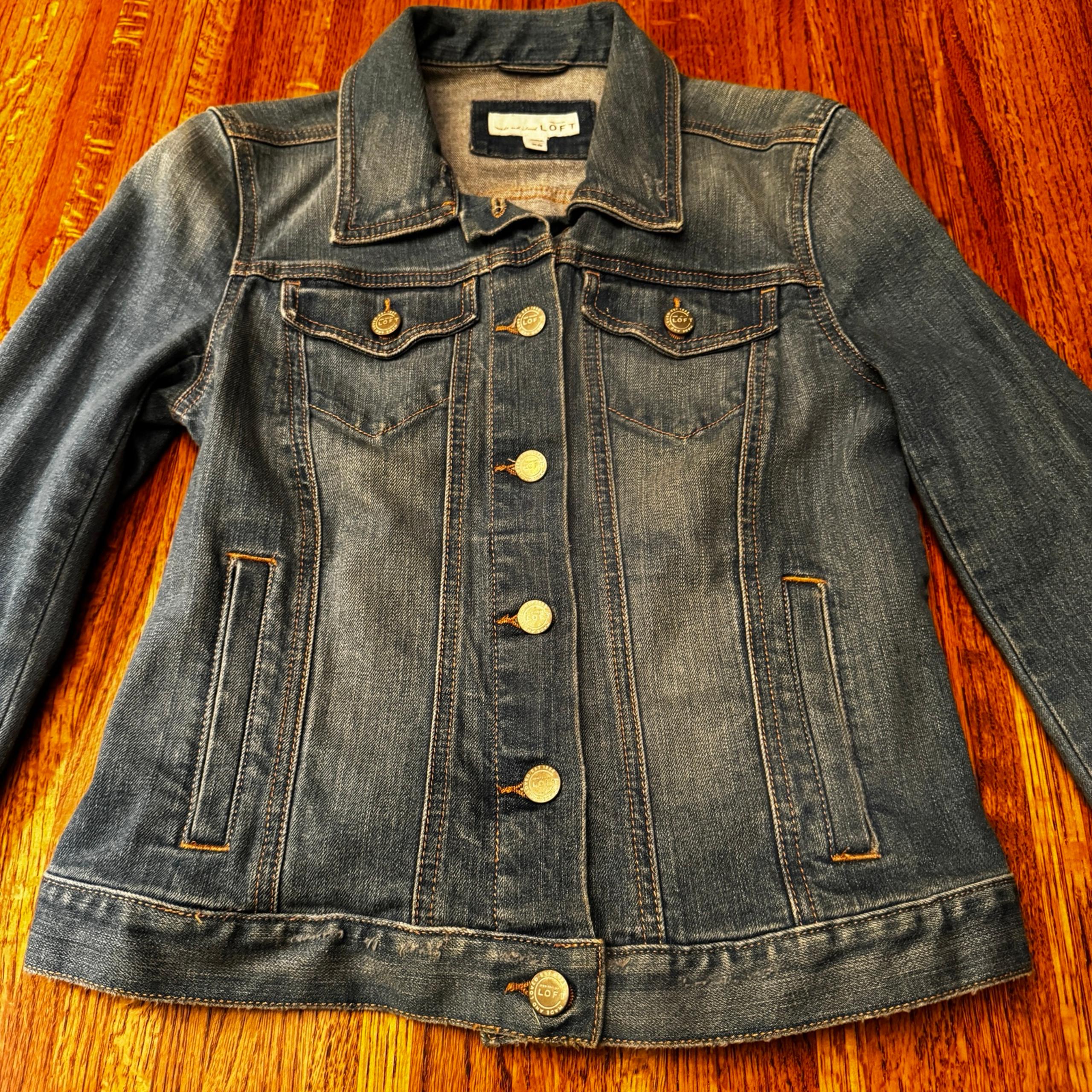 Ann Taylor Loft distressed jean jacket, size extra small