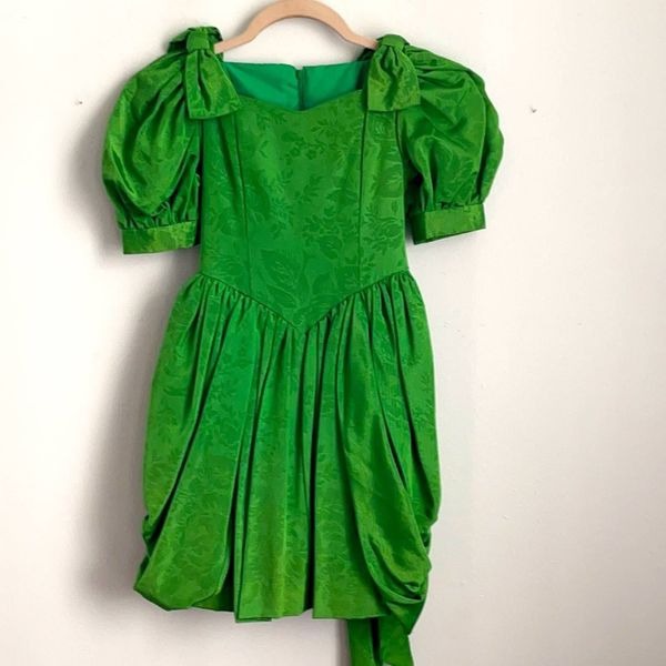 Vintage 80’s handmade brocade puff sleeve bow rosette formal dress