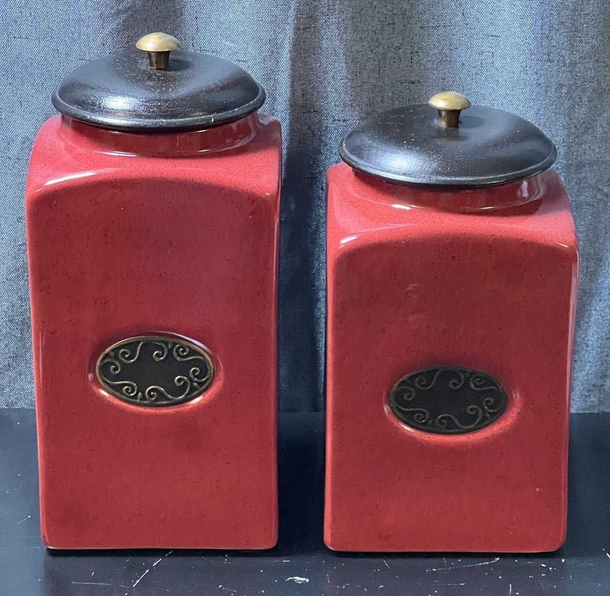 PIER 1 LARGE Rustic Brick Red 2 PCs Ceramic Canister Set With Vacuum Seal Lids