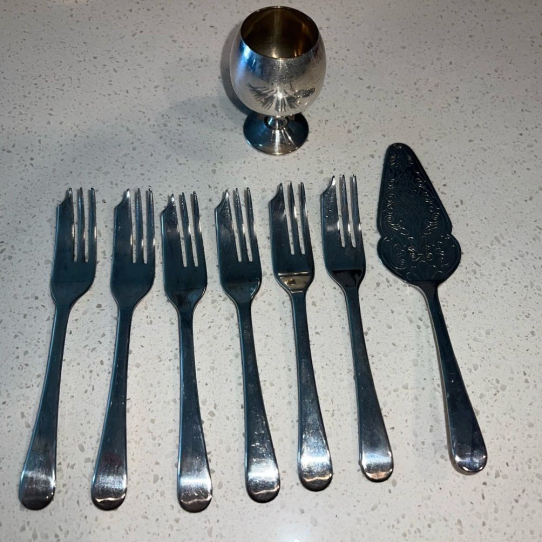 Sheffield Vintage England silver plated pastry forks, pie spatula and cup set