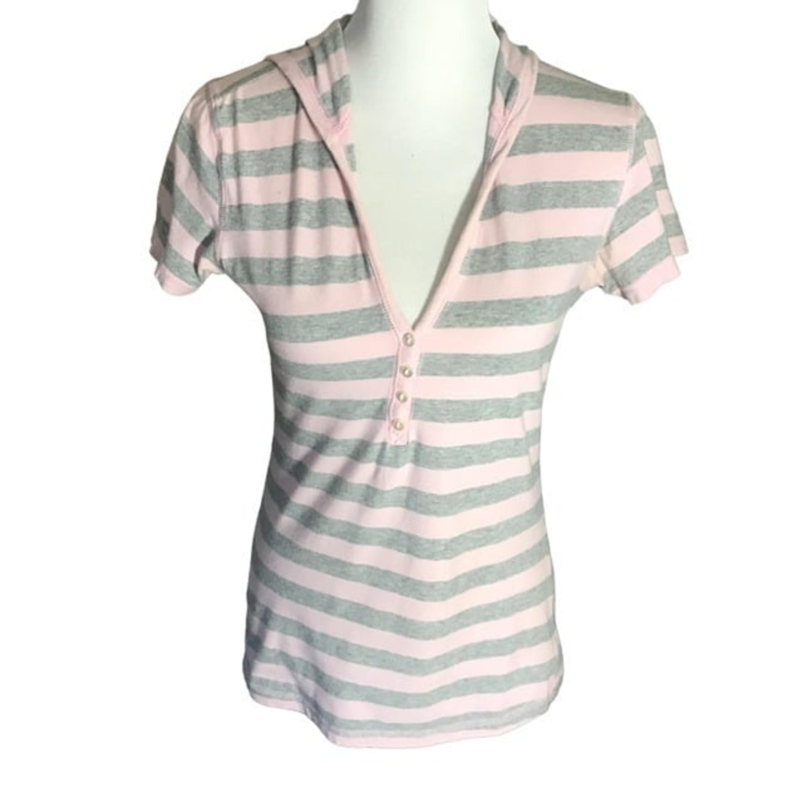Fashion Bug Women's Size Small Hooded Top Short Sleeves Striped Pink Gray