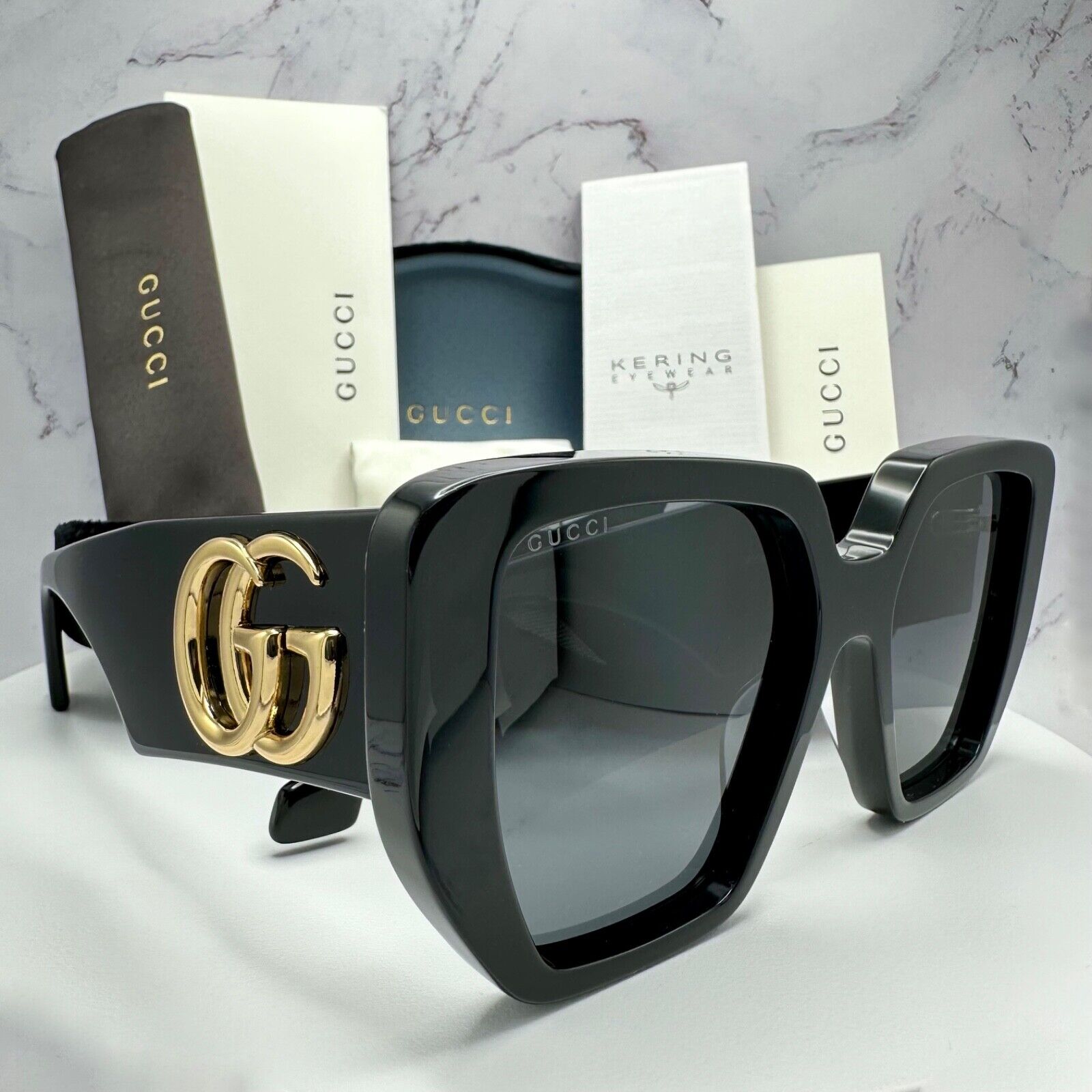 New GUCCI Sunglasses Black Gold Square Interlocking GG Logo Oversized