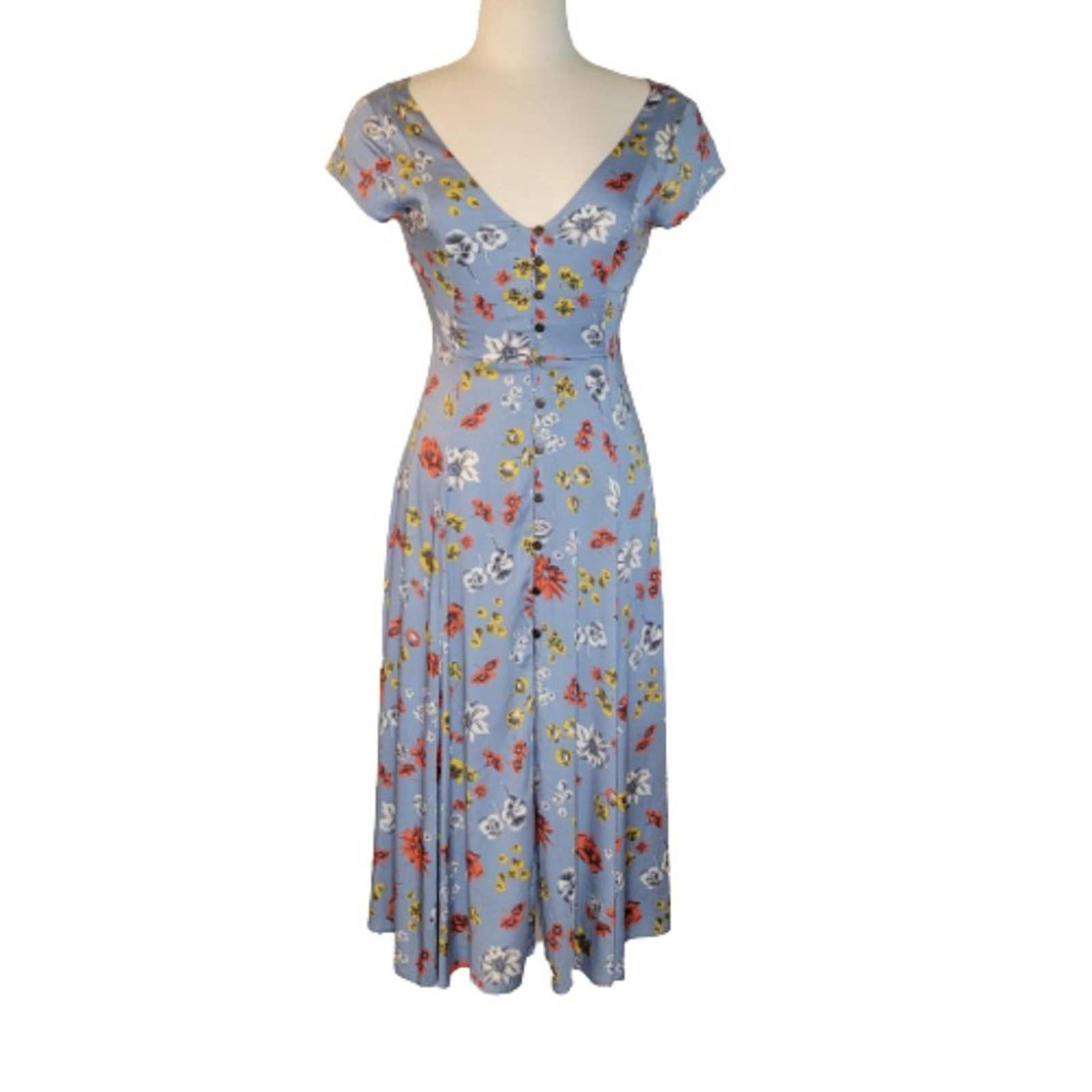 Urban Outfitters Floral Button Down Maxi Dress Cap Sleeve Size S-P Blue Red Gold