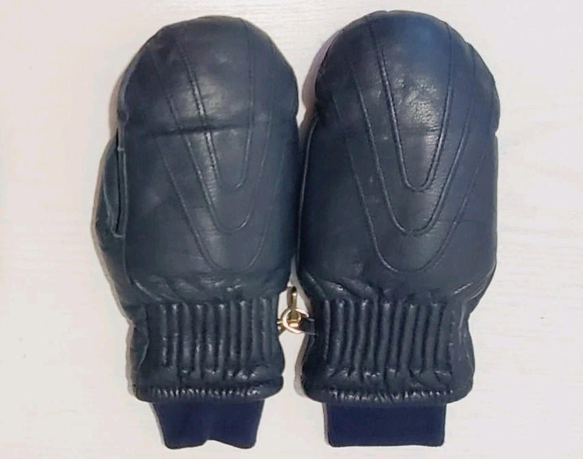 Vintage Aris Ski Mittens Womens Blue Leather Down Retro Outdoors Snowmobile Soft