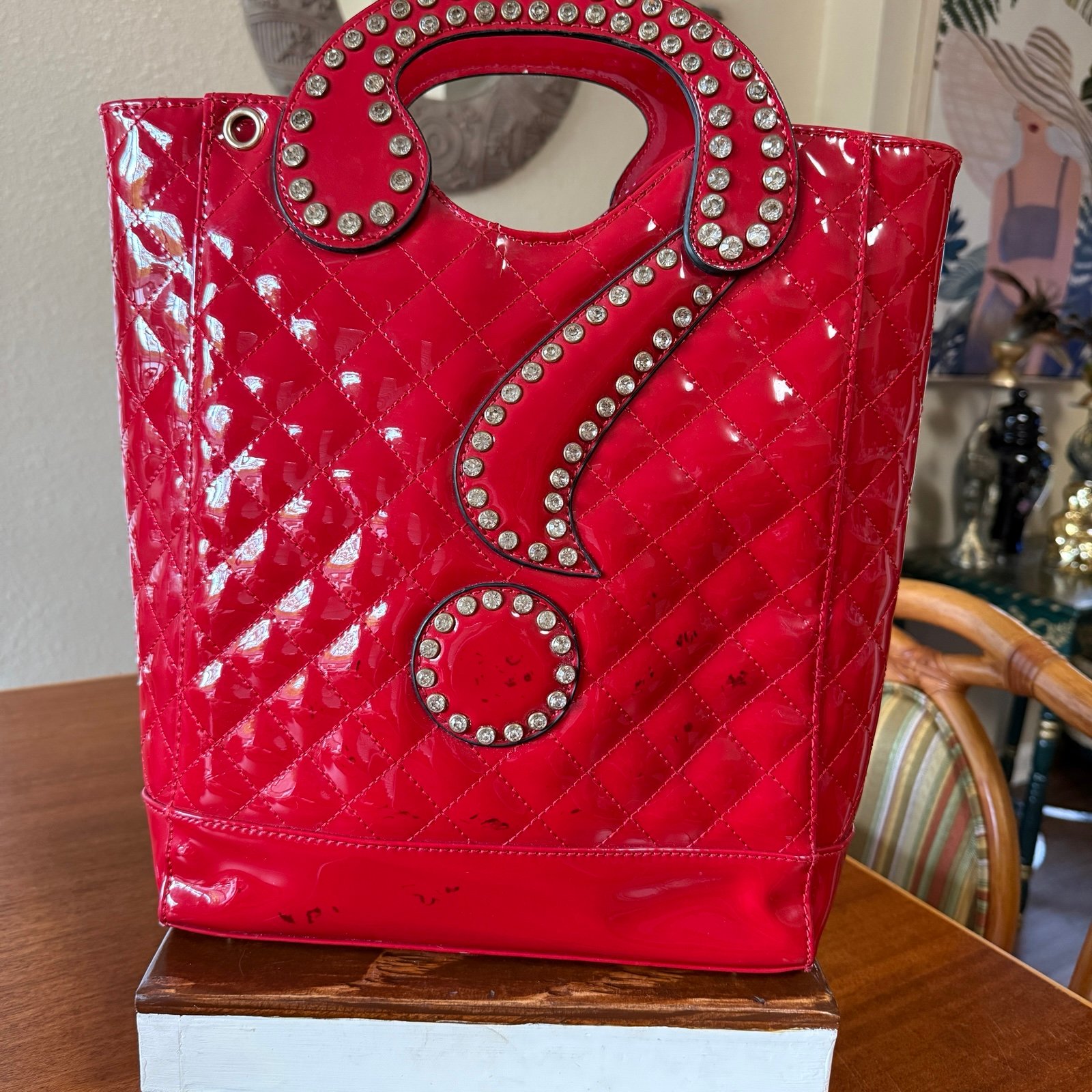 Question Mark ? Handbag Red With Studded Rhinestone Detail Quilted Stitching