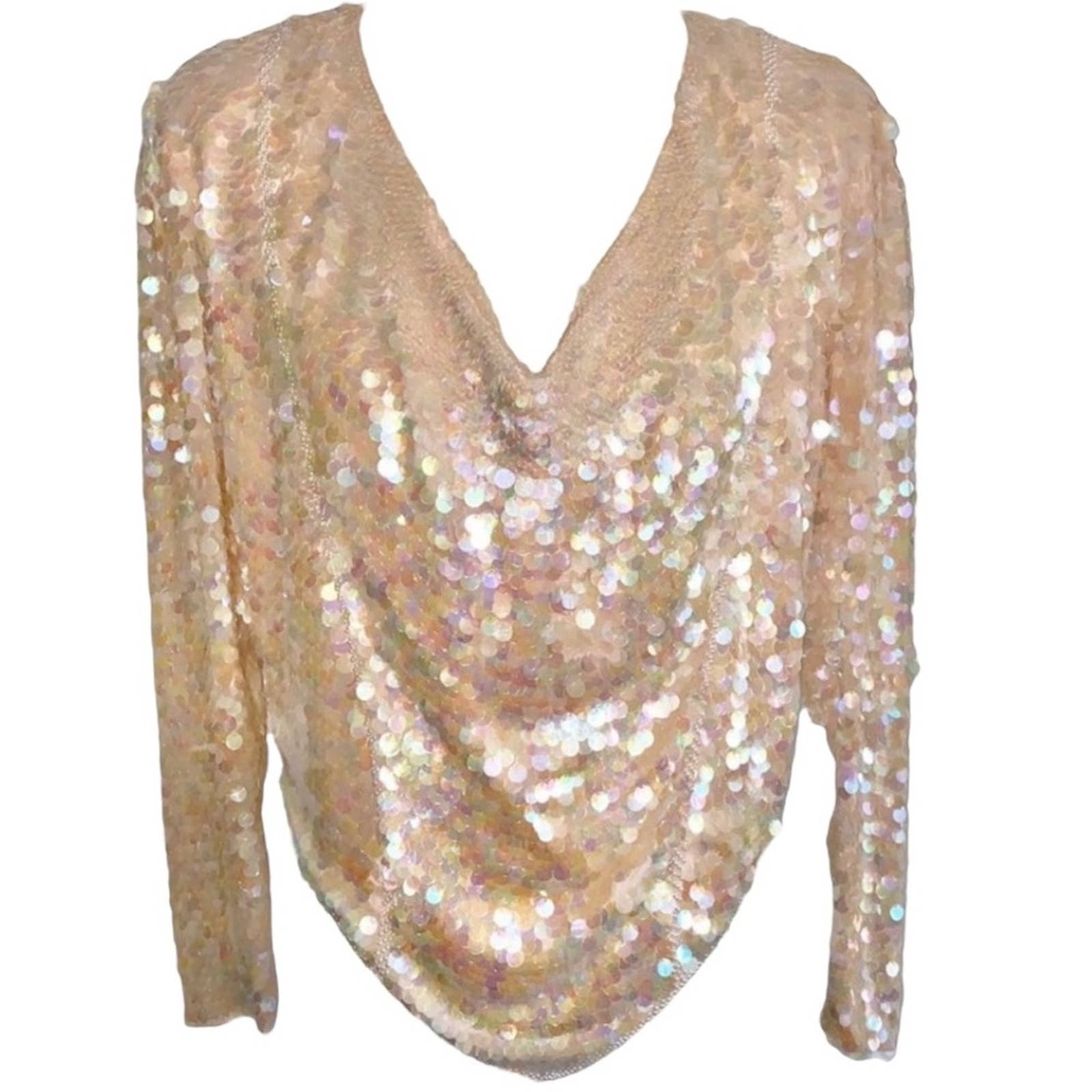 VTG S Oleg Cassini Ivory Trophy Grannycore Full Sequin Glam Silk Evening Blouse