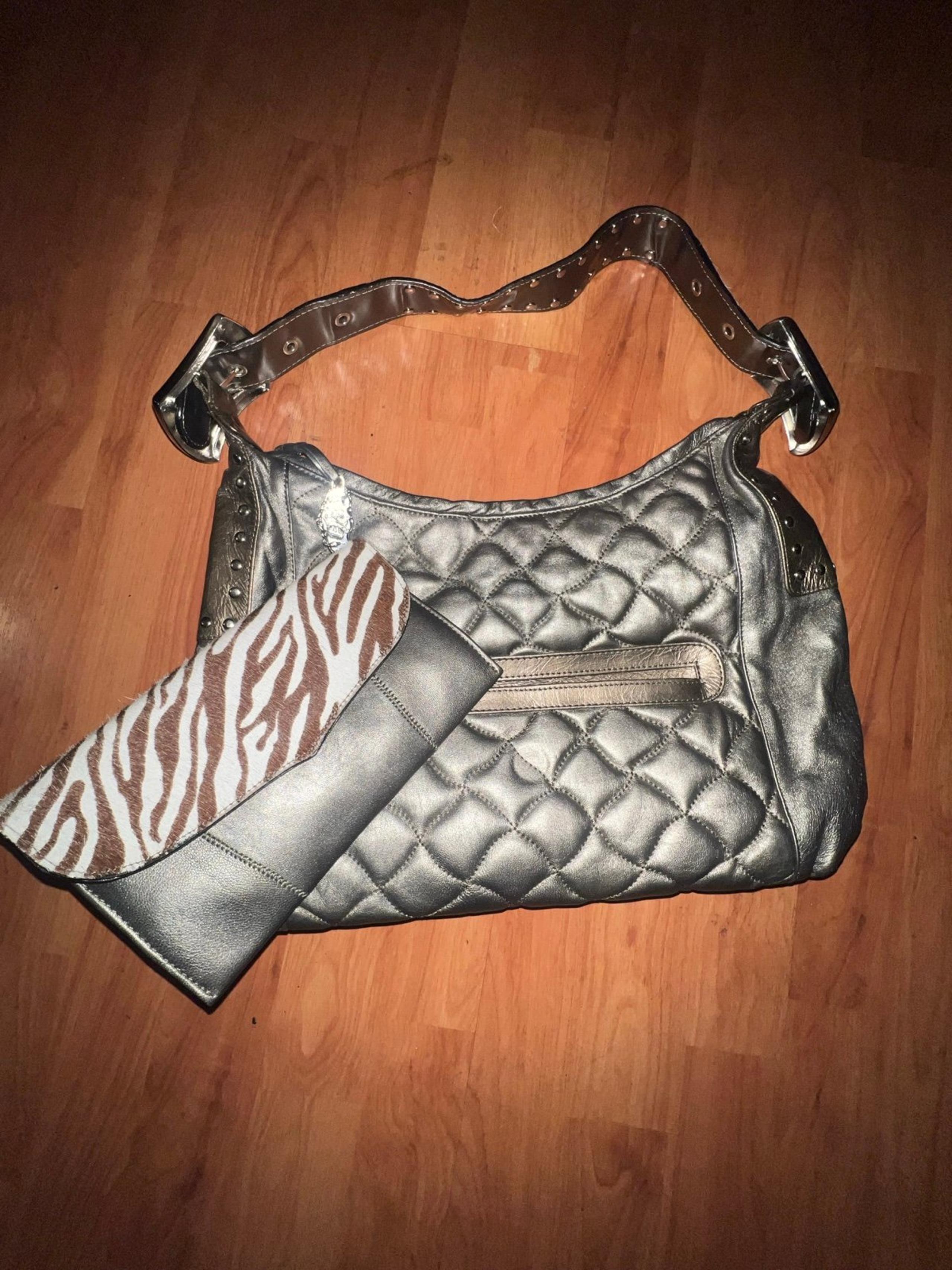 Carlos Falchi Designer Hobo Quilted Black Leather Handbag With Wallet