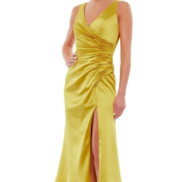 Mac Duggal Chartreuse Ruched Satin Midi Dress