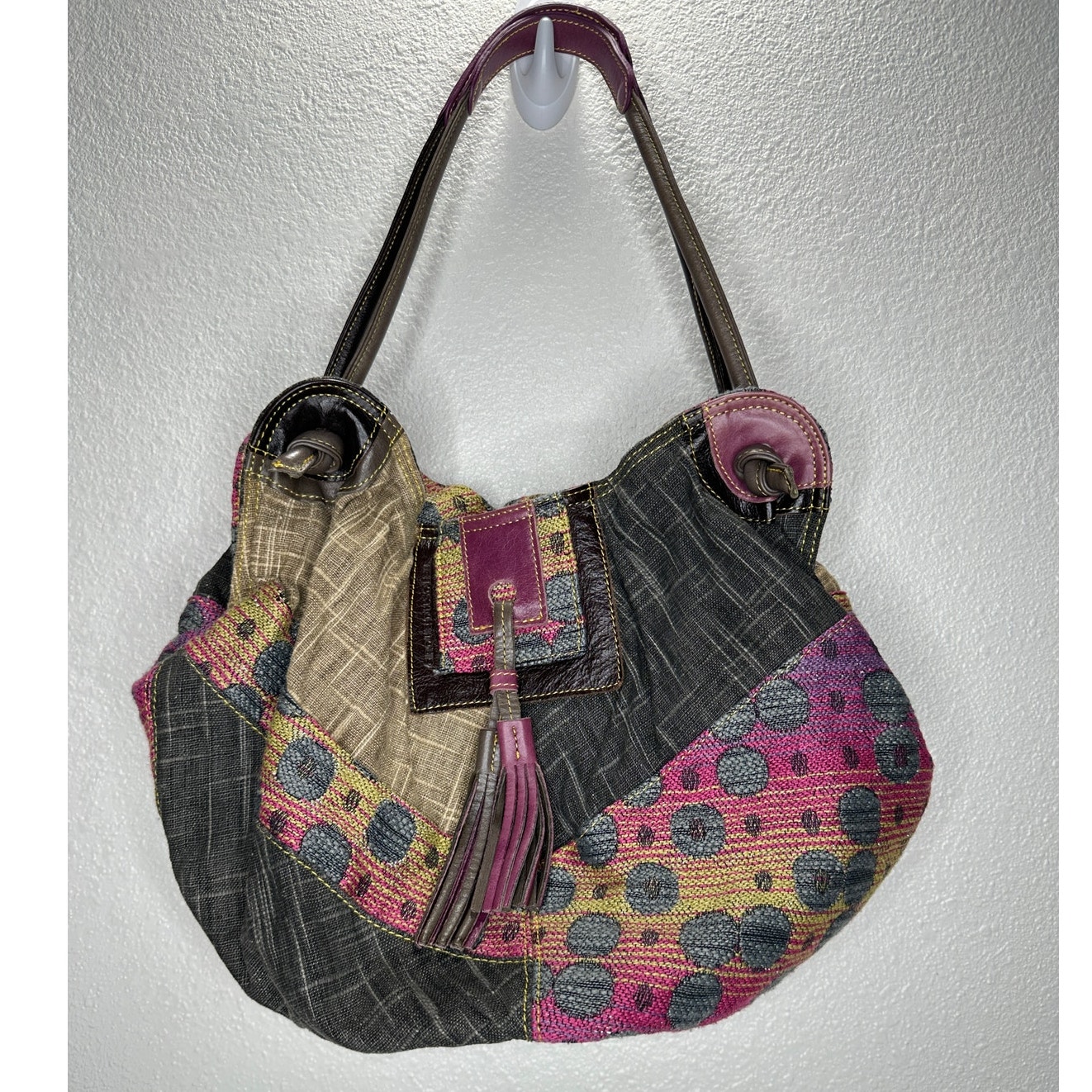 Cirque du Soleil Tan Gray Pink Geometric Fabric & Leather Handbag
