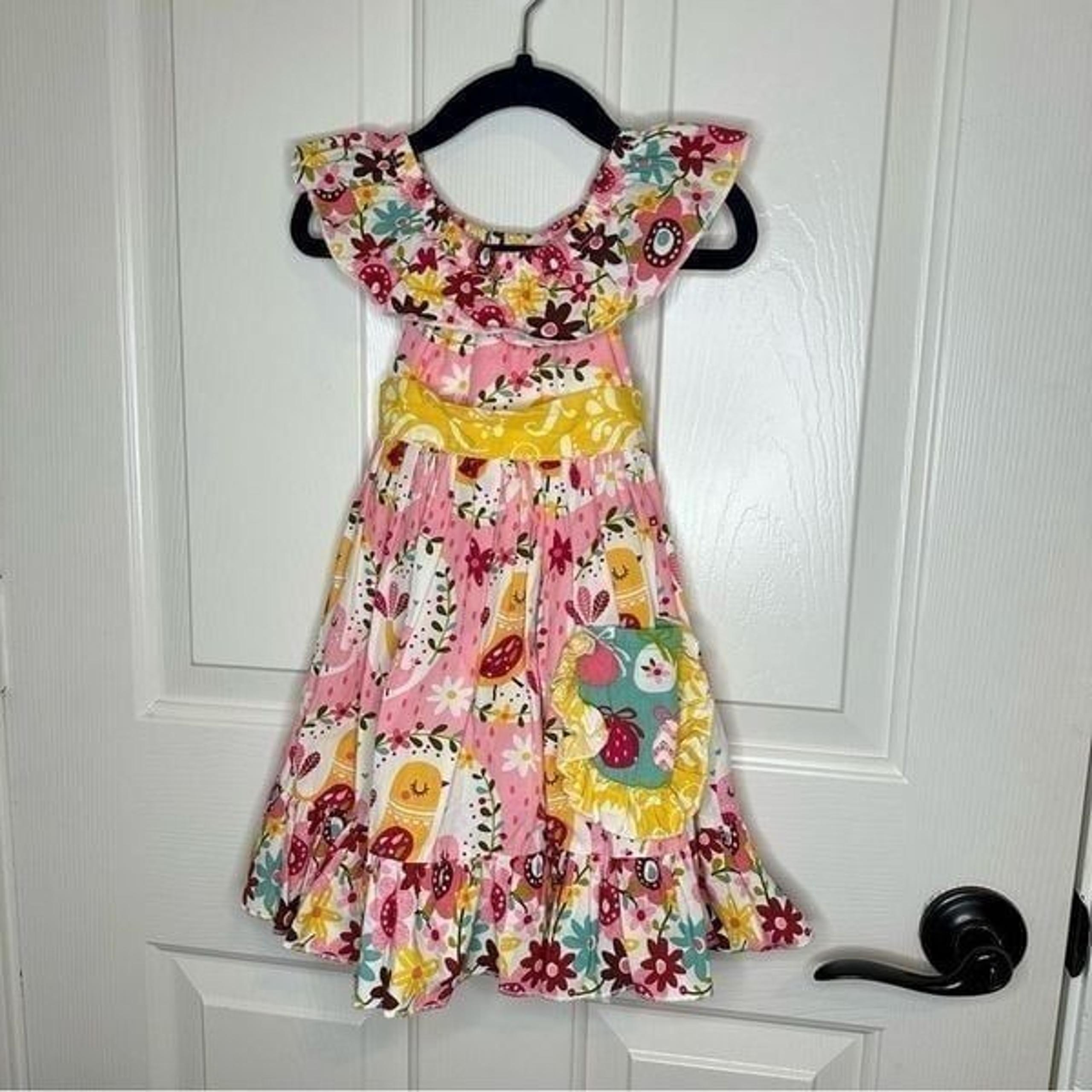 Jelly The Pug Pink Yellow Floral Bird Patchwork Garden Dress Sz 18M Boho Girly