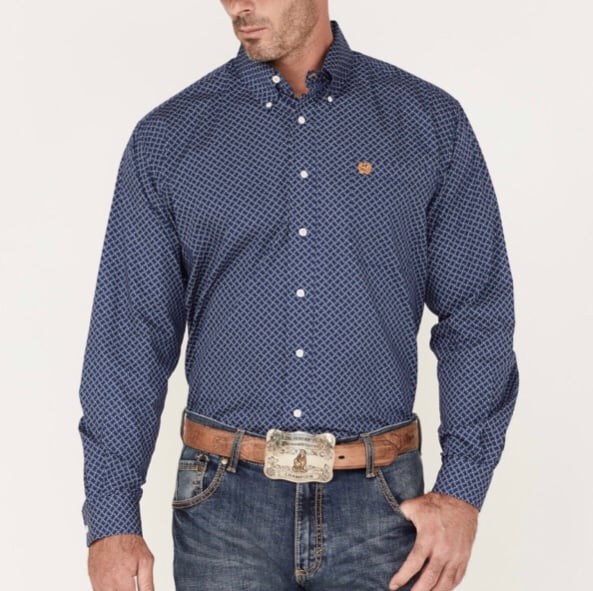 Cinch Button Down Navy Geometic Pattern Shirt- M