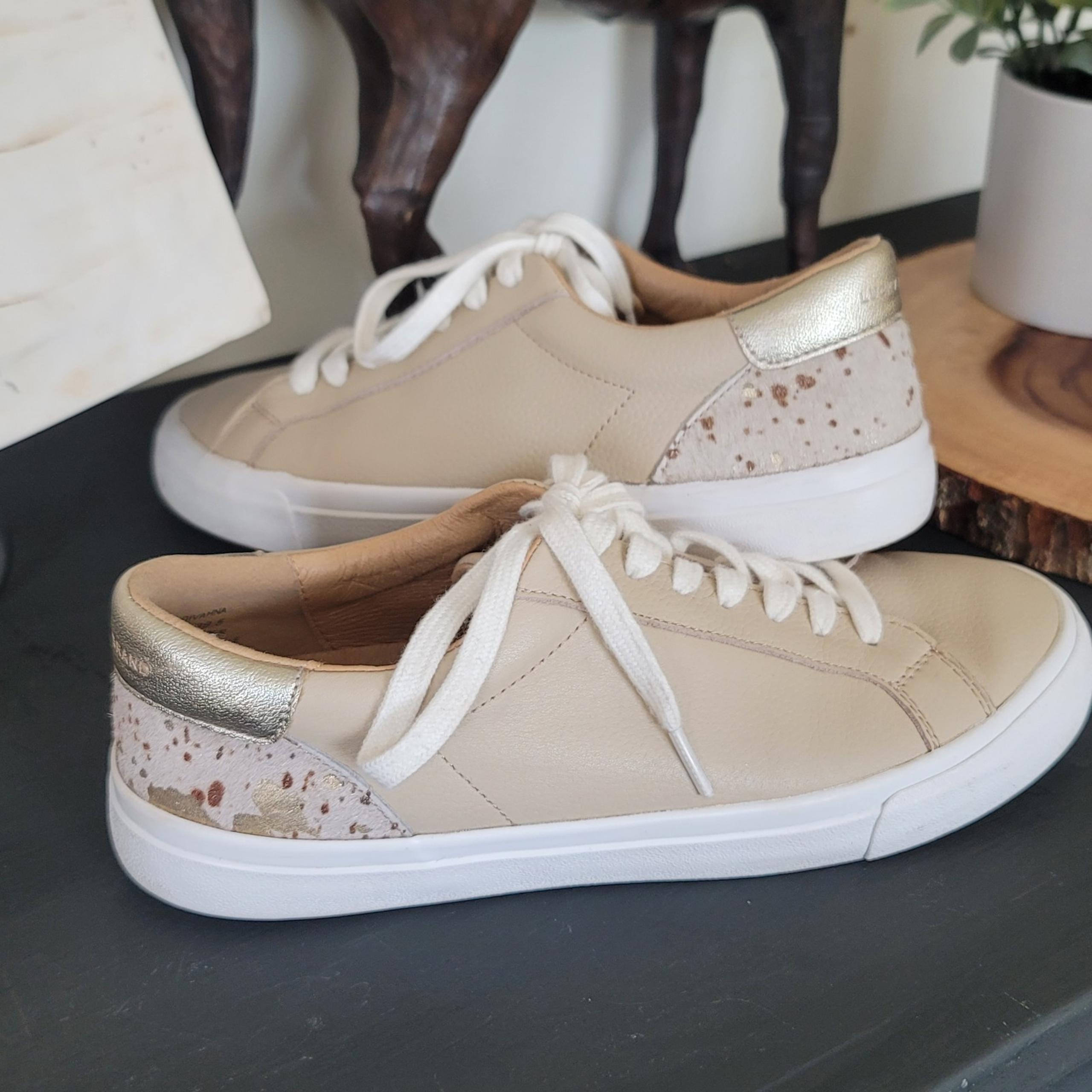 Lucky Brand Divhana Sneakers Stucco Cream Leather Calf Hair Women's Size 8.5