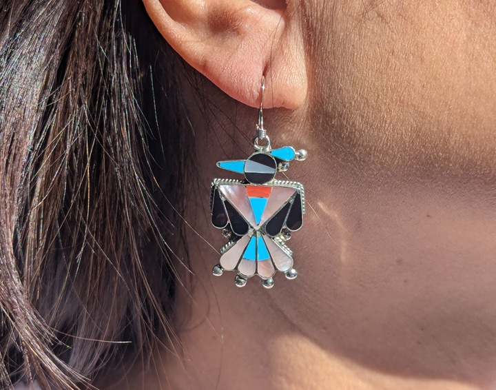 Genuine Native American Earrings Zuni Handmade Jewelry Thunderbird Design ***