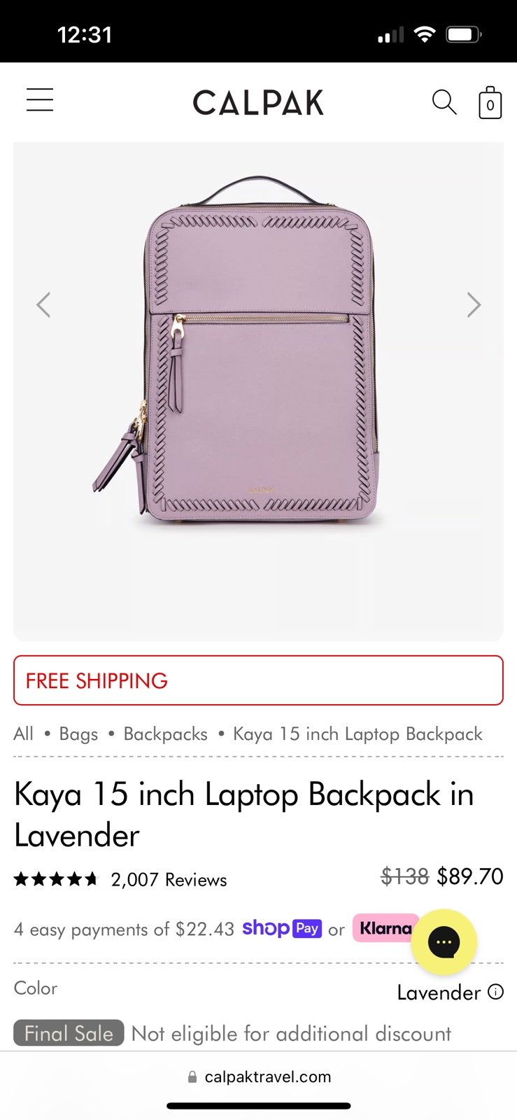 Calpak laptop bag in Lavendar