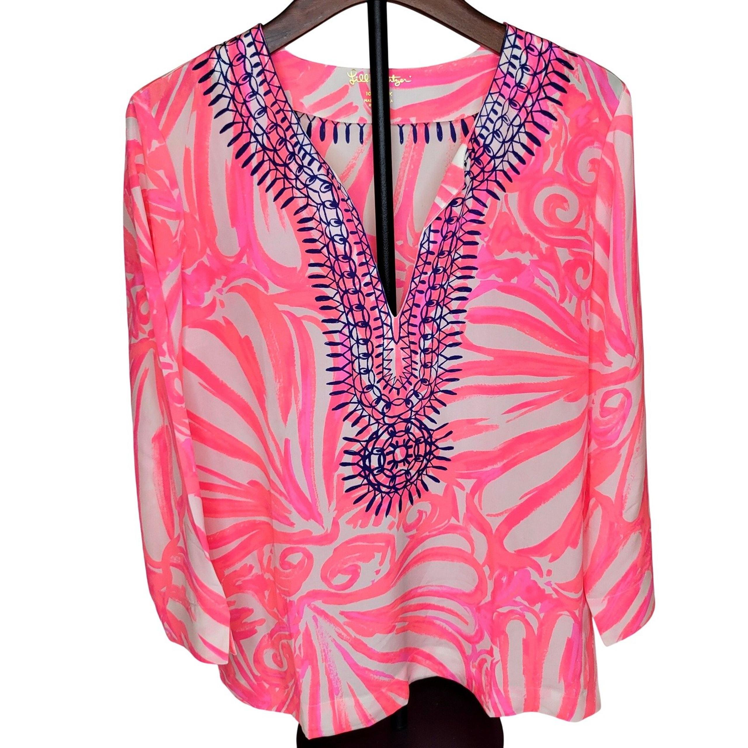 Lilly Pulitzer Top M 100% Silk Tunic Chic Boho Festival Graphic Pink Blue Print