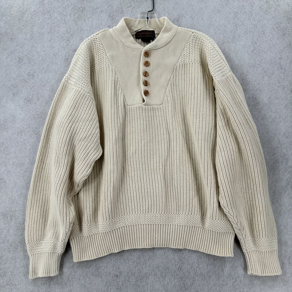 Vintage Eddie Bauer Sweater Mens LG Cable Knit HEAVY Henley Coastal Fisherman