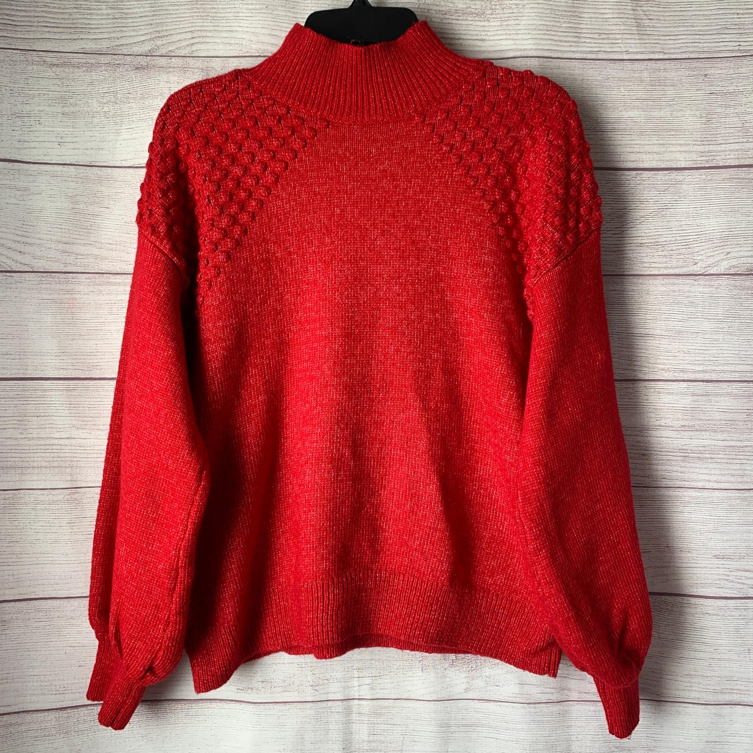 Nine West Red Mock Neck Knit Sweater Tuft Detail Shoulders Size Medium