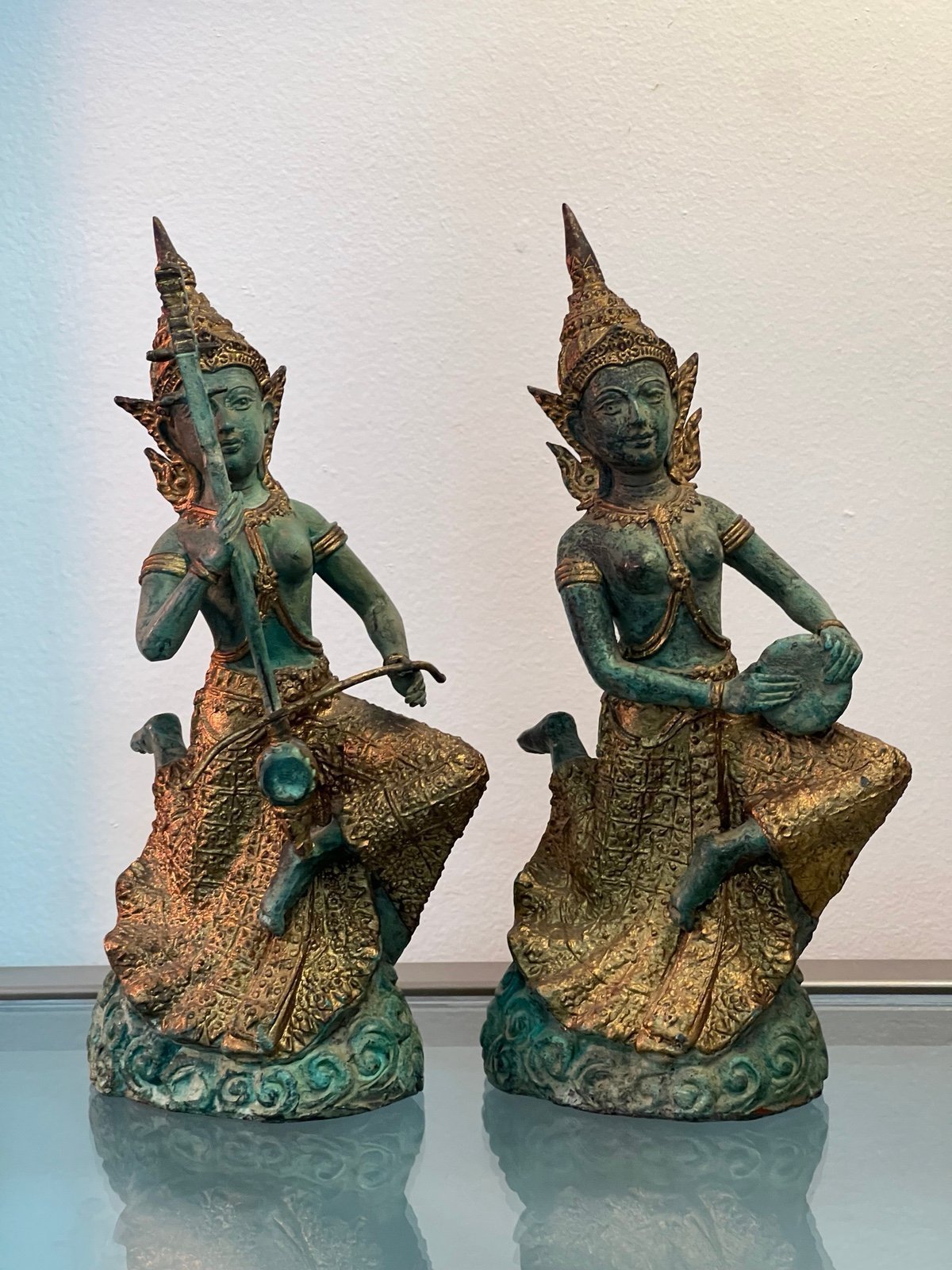 Pair of Thai Bronze statues of female musicians 8 1/4” Tall