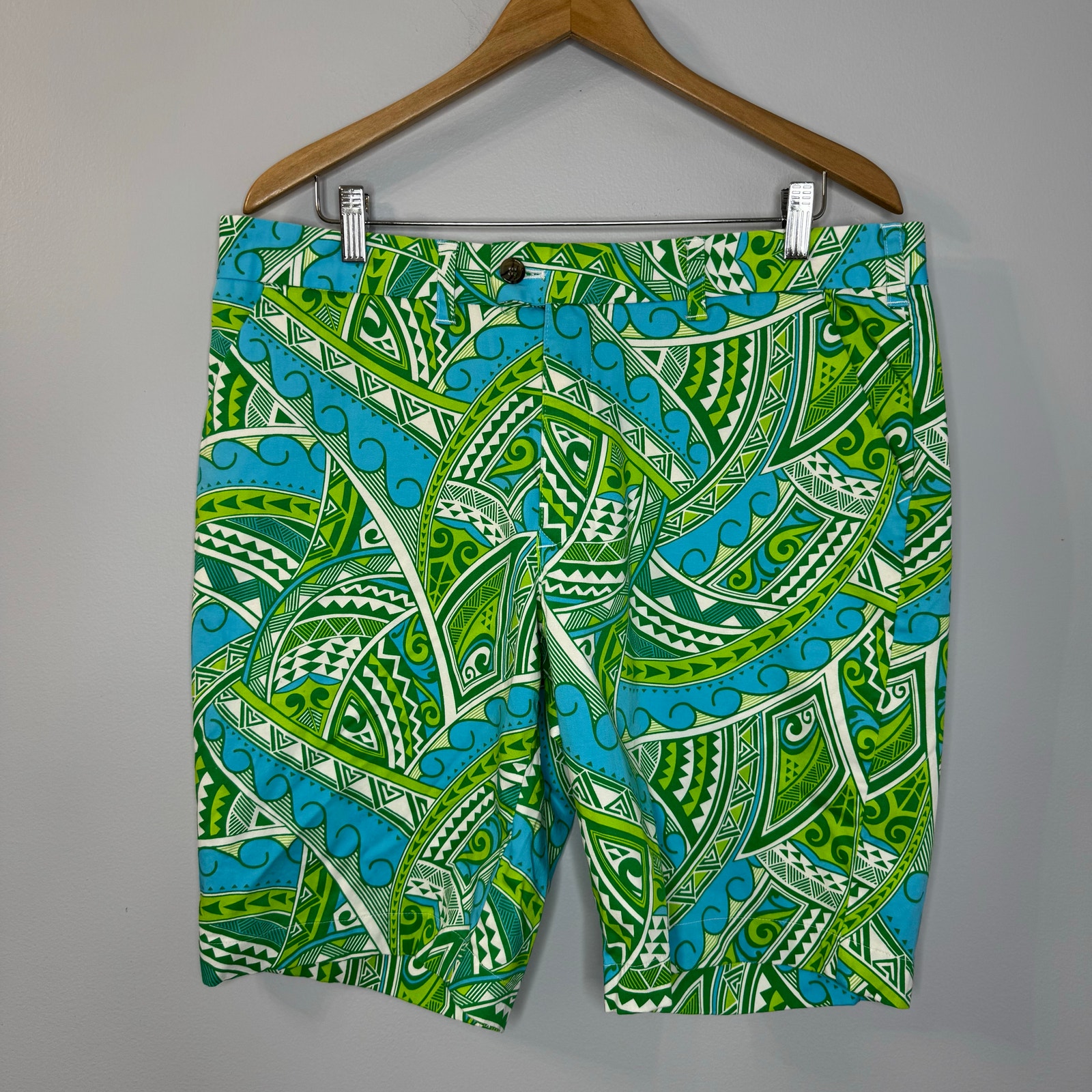 Loudmouth Shorts Green Blue Bermuda Golf Cotton Geometric Green Colorful Sz. 36