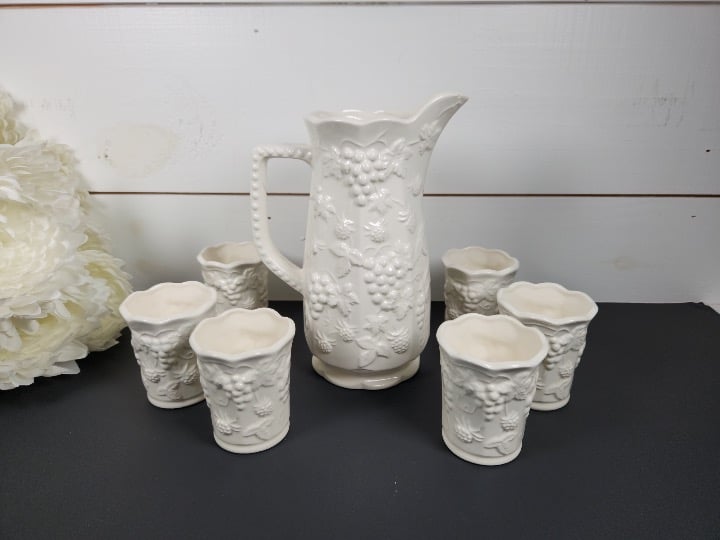 Vintage White Ceramic Embossed Grape Vine Pattern Pitcher & Tumbler Set
