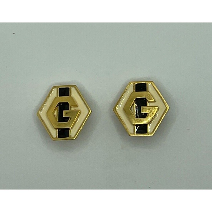 VTG Givenchy Gold Tone Cream and Black Enamel Modernist Clip On Earrings