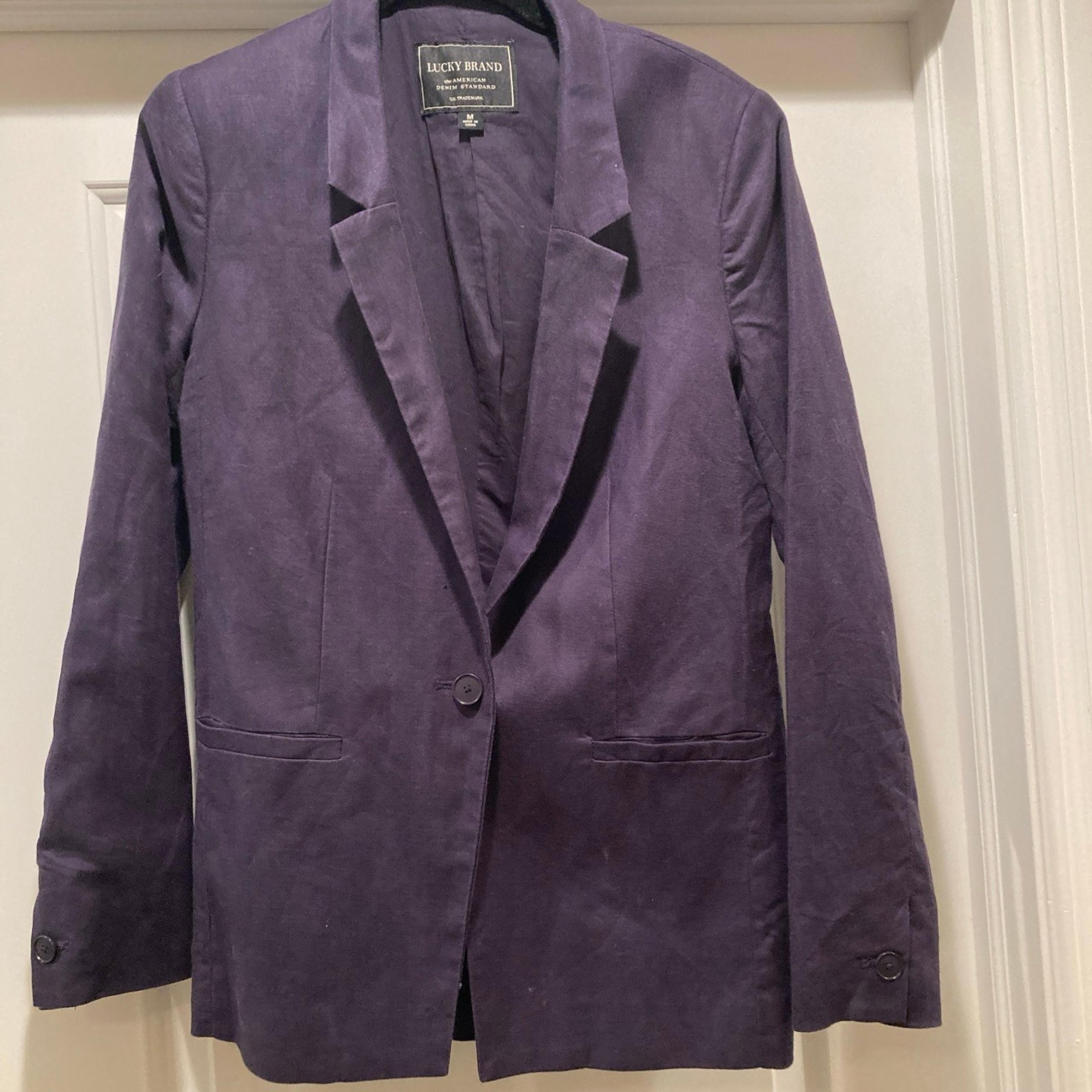 Lucky Brand Blazer Jacket Womens Size M Navy Linen Cotton Blend Pockets  Casual