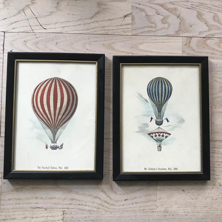 Pair Vintage Hot Air Balloon Lithograph Engravings Art Vauxhall Great Nassau