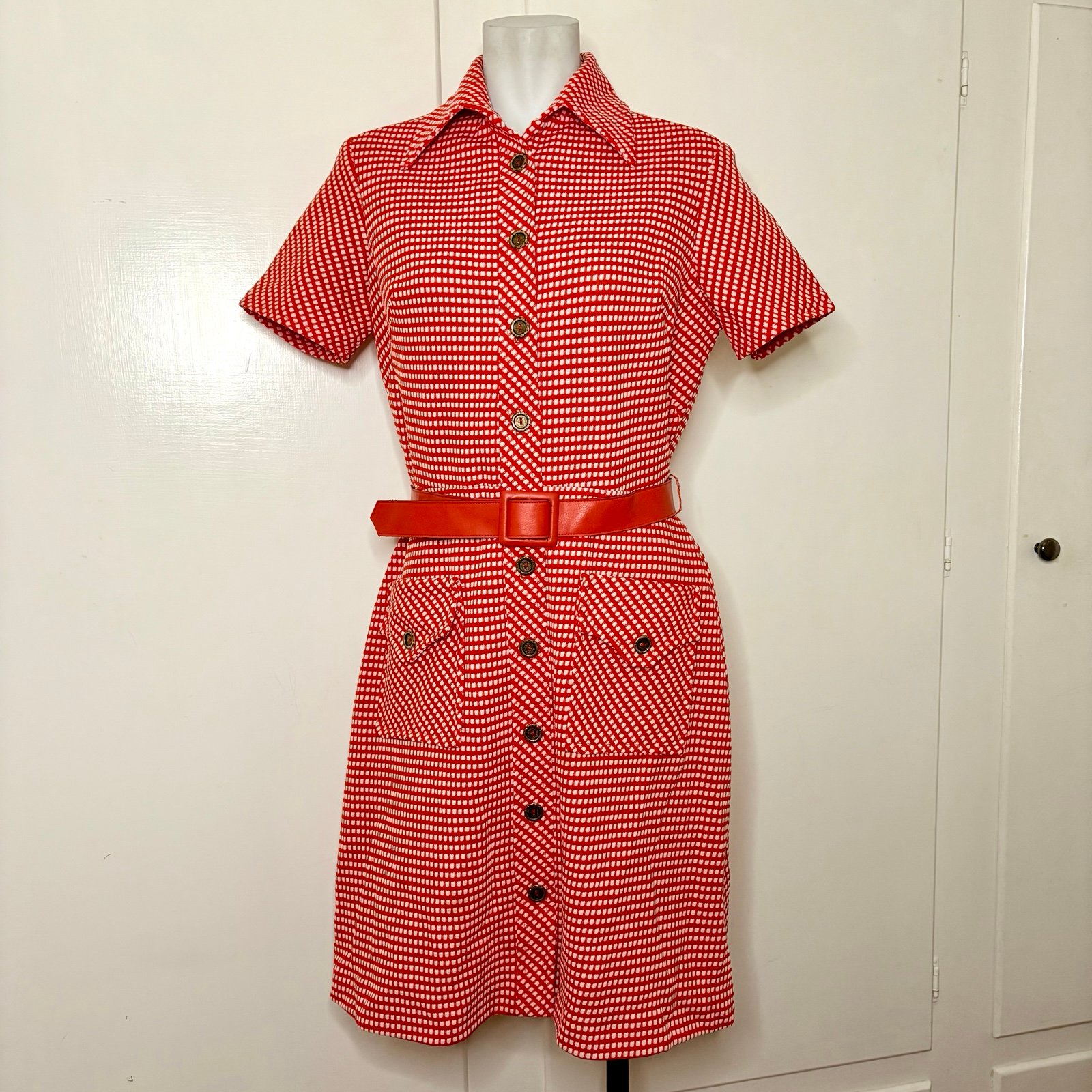 Vintage 60s/70s Jerri of Miami Red Orange Knit Button Up Collared Mod Midi Dress