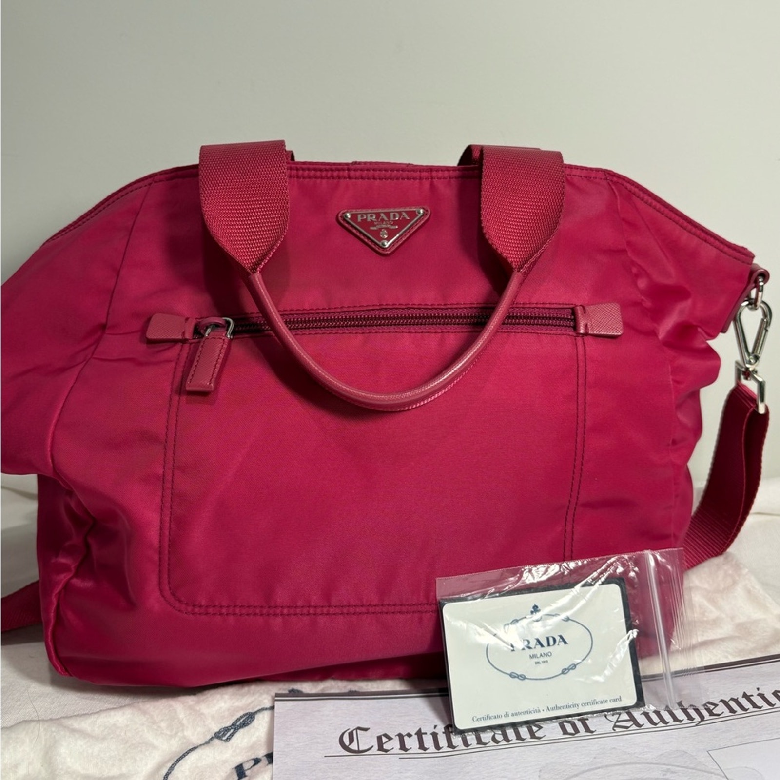 Authentic PRADA pink nylon tote hand bag with cards, duster, and certificate