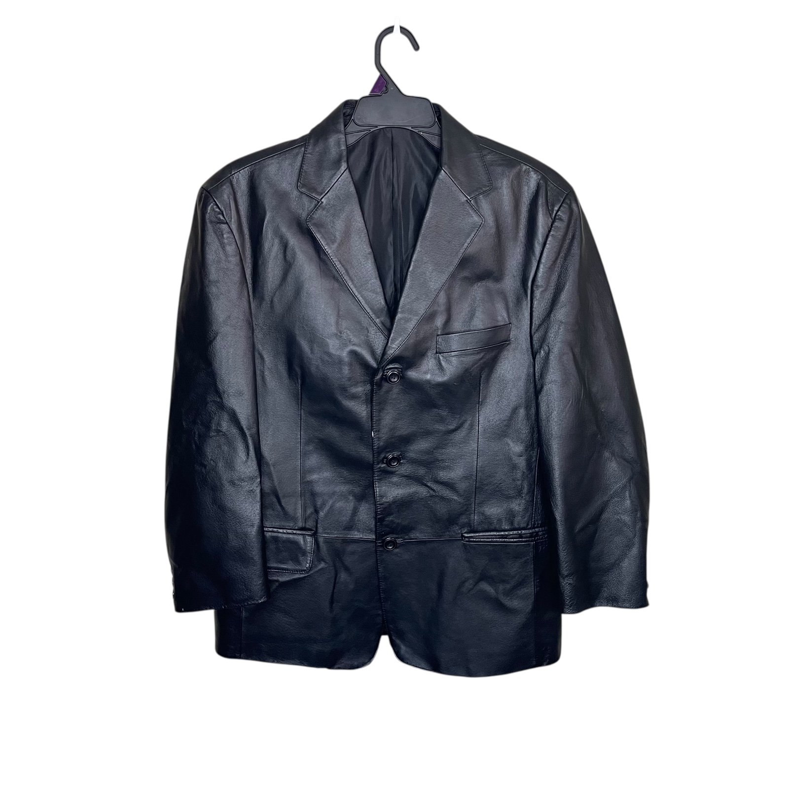 Stafford Genuine Leather Jacket Men’s Medium Black Three Button Blazer Vtg