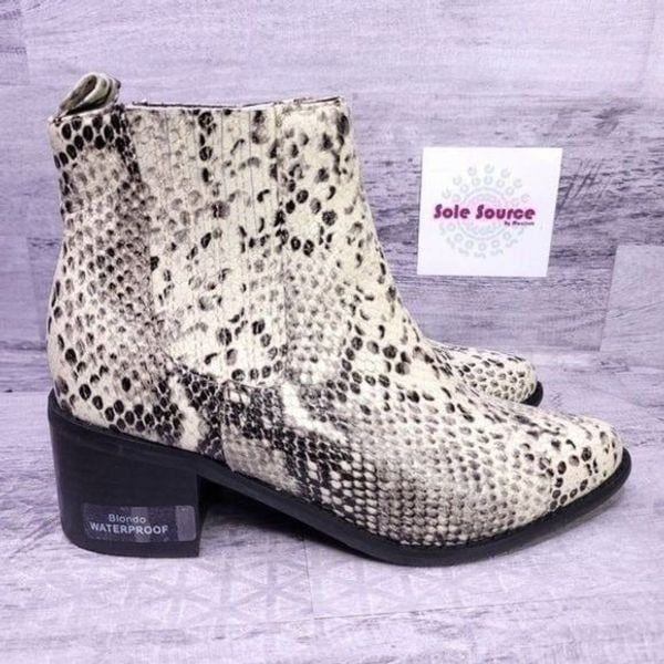 Blondo Elvina Waterproof Snake Print Leather Ankle Boot Cream Black Women's 6.5