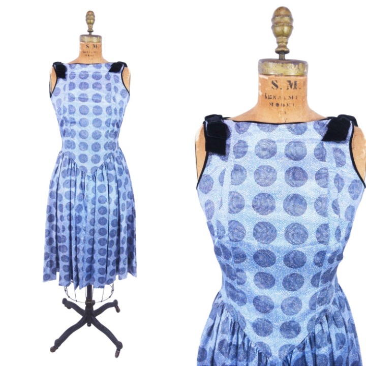 Vintage 1950s Cocktail Blue Polka Dots Dress | W 27