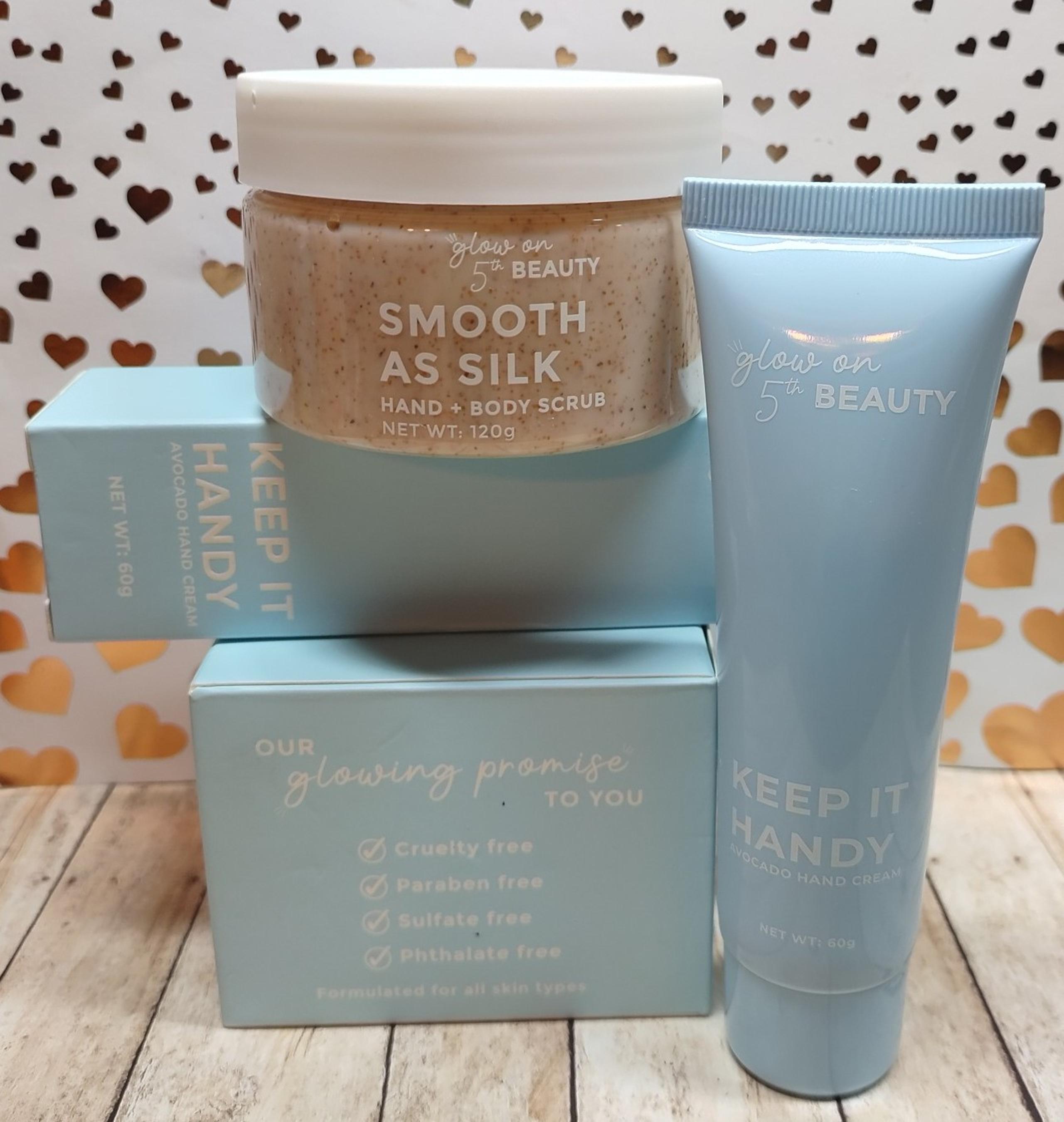 glow on 5th Keep It Handy avocado hand cream + Smooth As Silk hand & body scrub