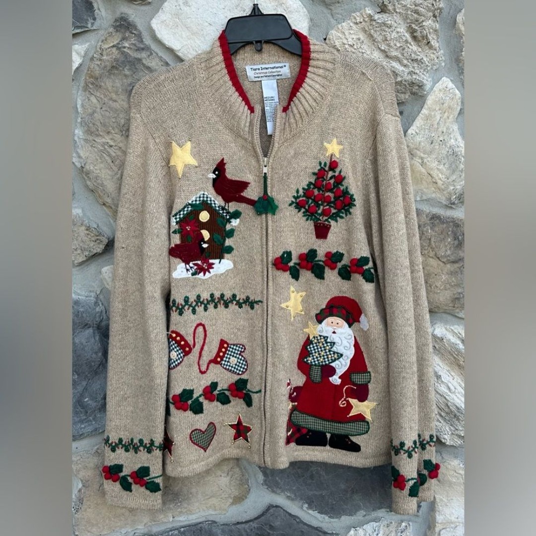 Vintage Tiara International Christmas Sweater Jacket Sz M Embroidered Full Zip