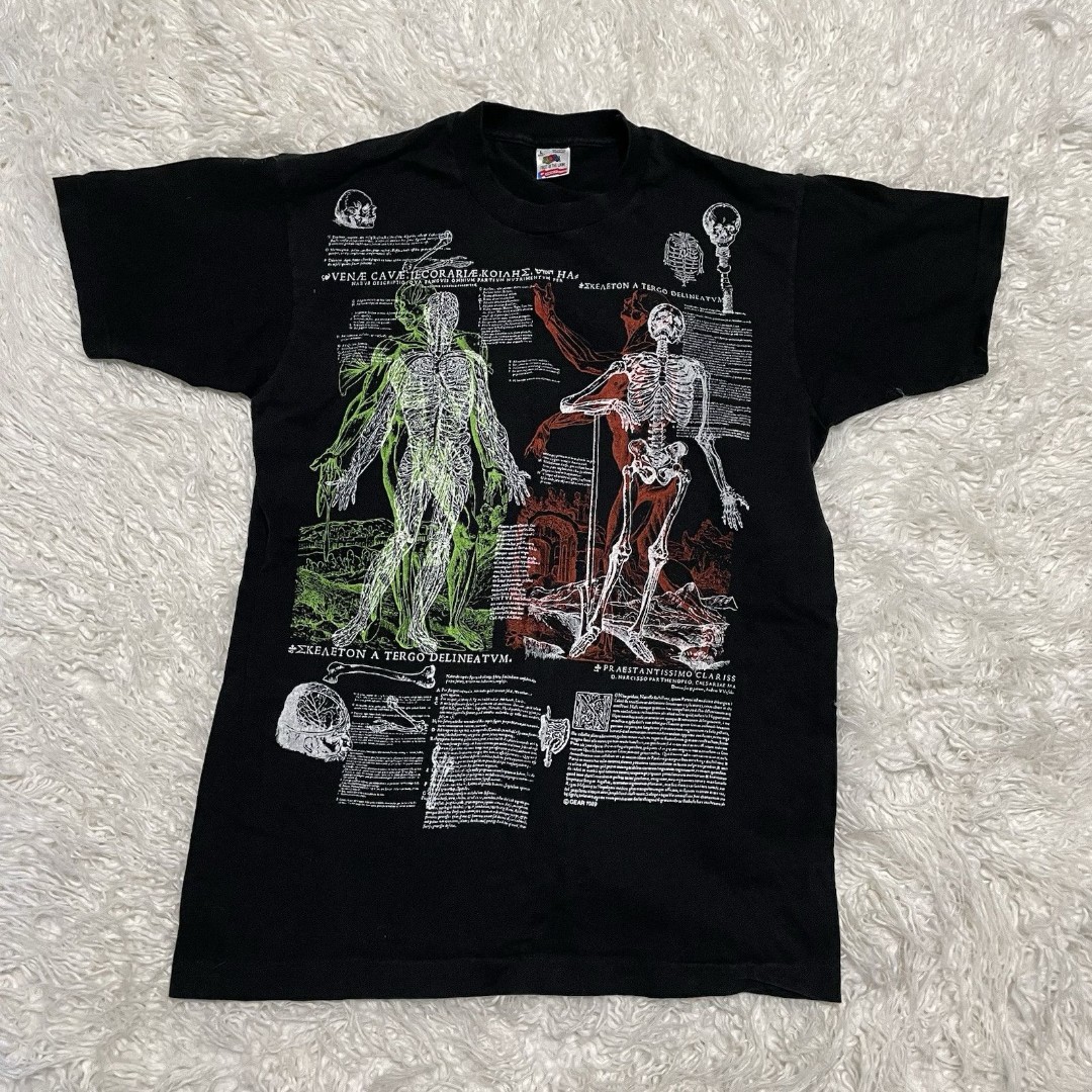 Vintage Anatomy Skeleton Latin T-shirt Single Stitch L Fruit Of The Loom AOP