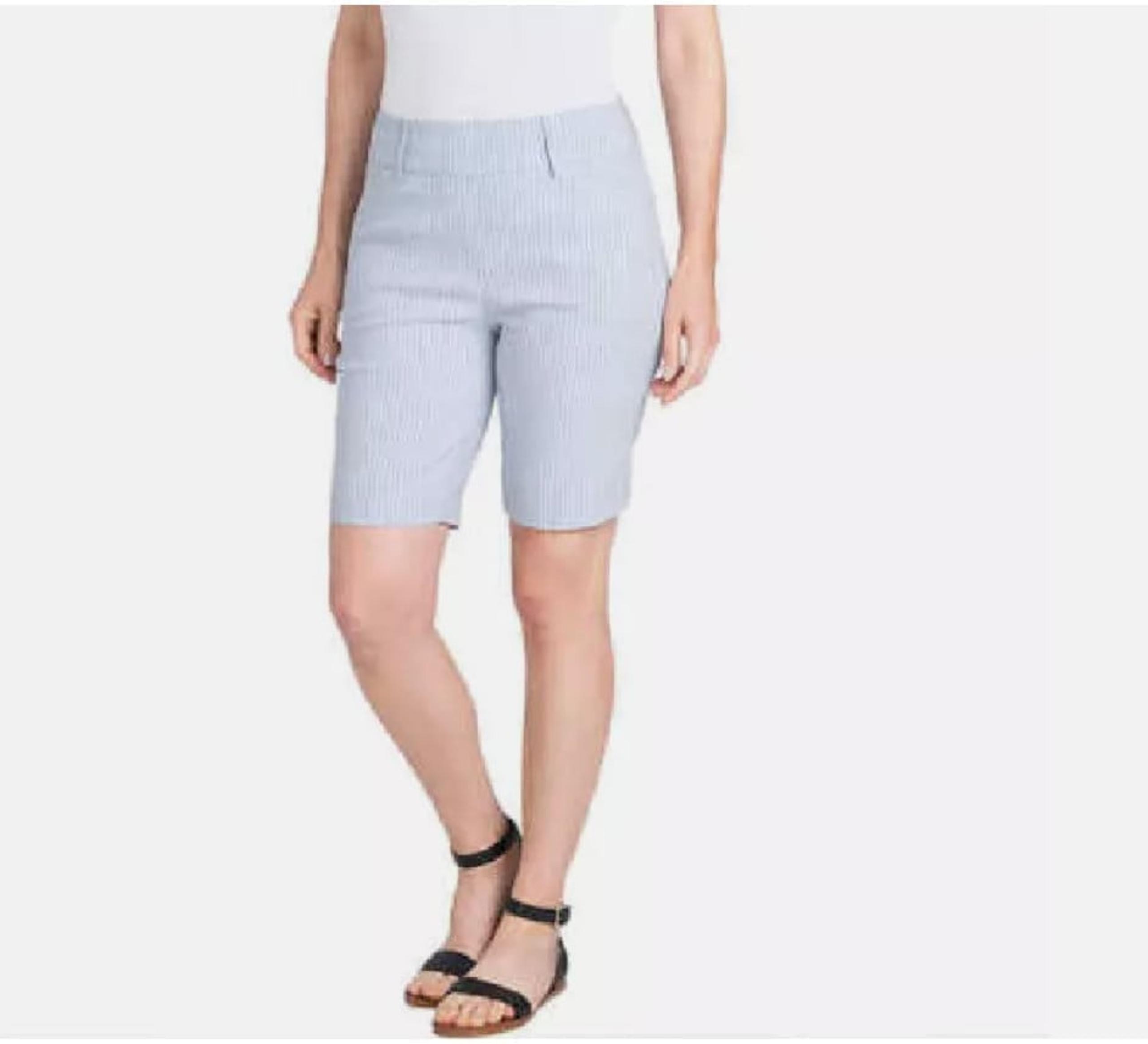 sz M ~ Hilary Radley Womens Bermuda Pull On Shorts, Stretch, Light Blue Strip