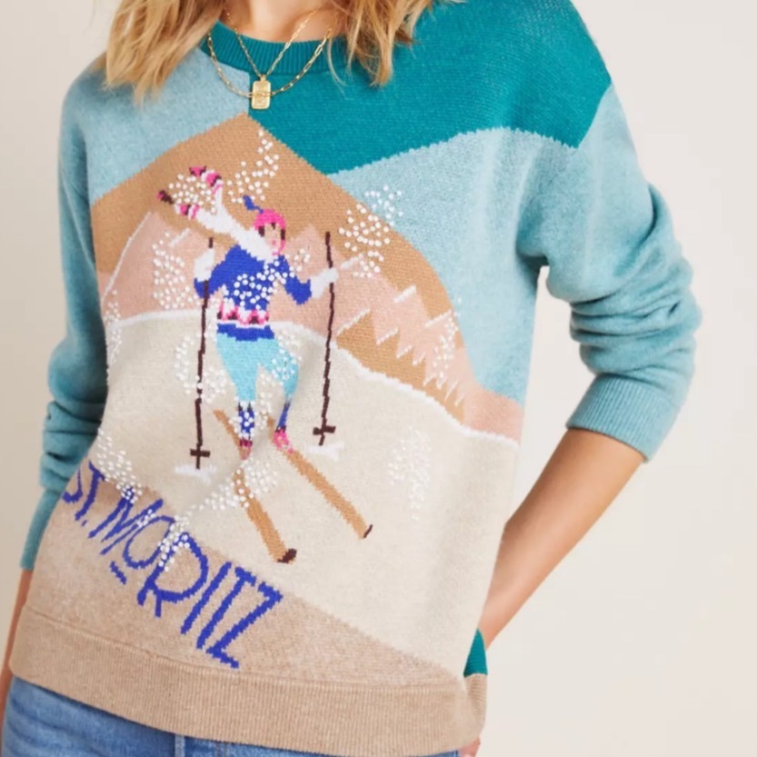 ANTHROPOLOGIE St Moritz Ski Motif Sweater Wool Cashmere Alpaca Blend Green Sm