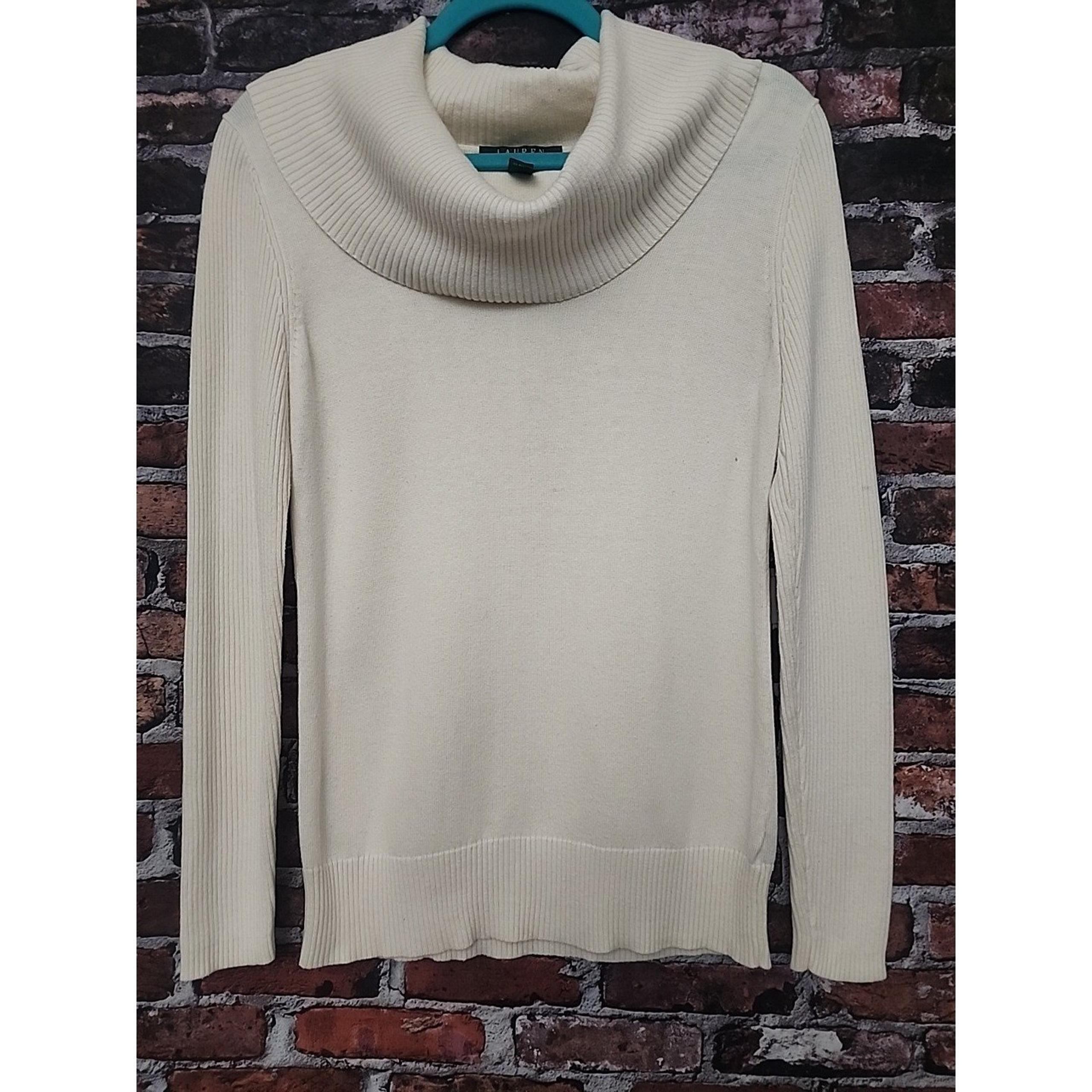 LAUREN RALPH LAUREN Ivory Cowl Neck Ribbed Sleeve Sweater Petite S Academia Top