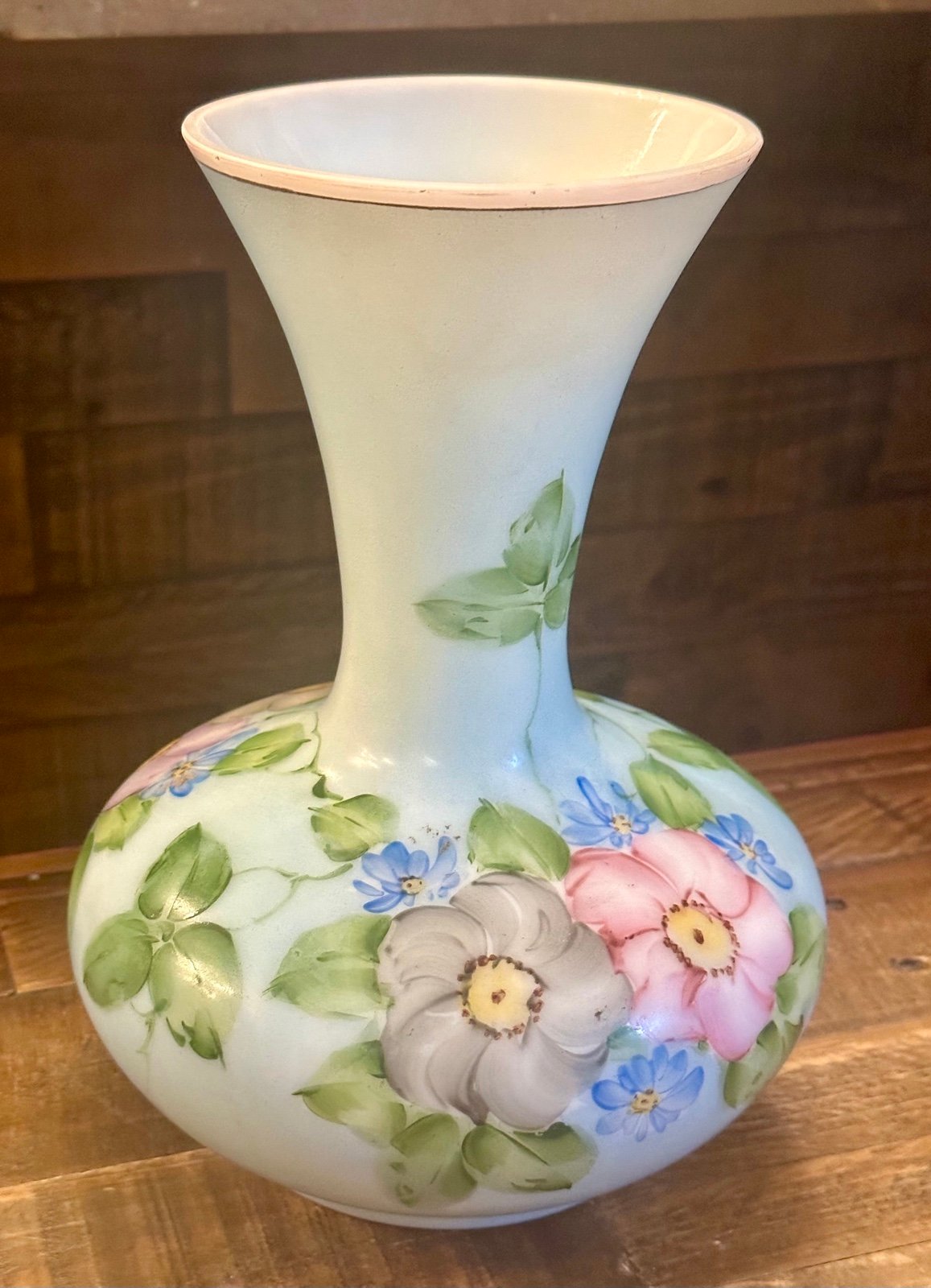 Consolidated Charleton Milk Glass Hand Painted Vase Flowers