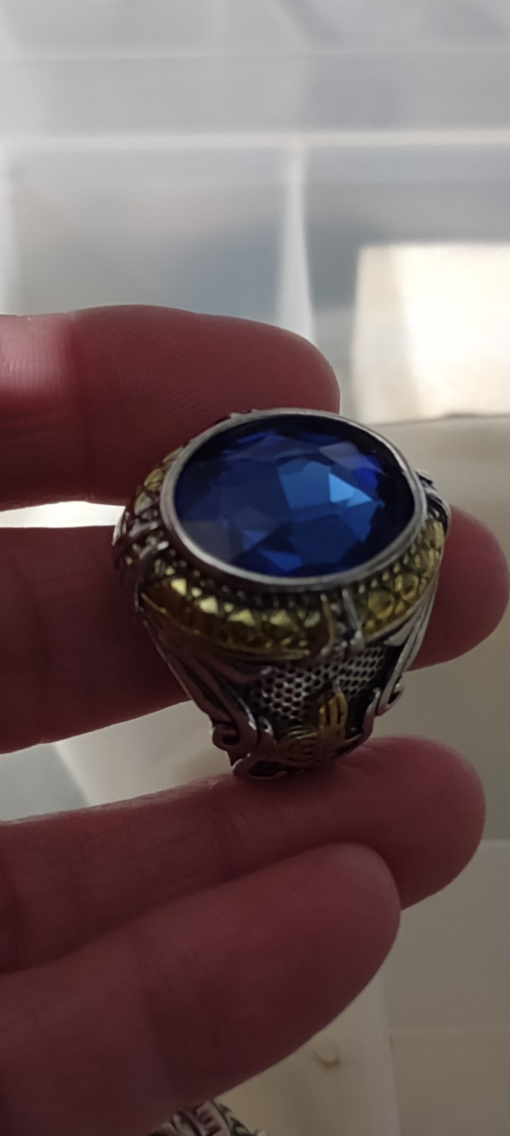 Men's size 10 and 11 available Blue Sapphire 925 sterling golden bellished ring