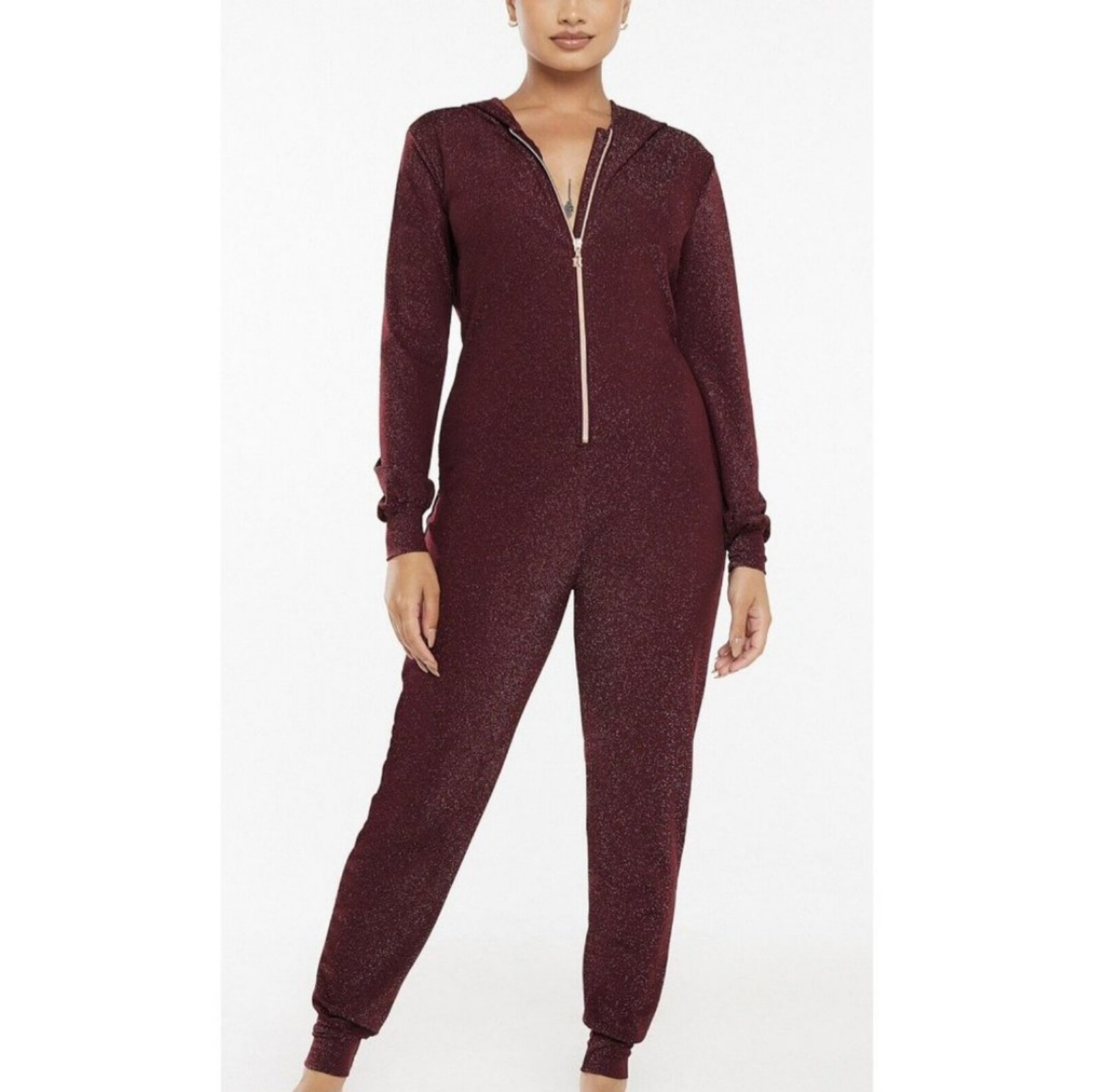 Savage X Fenty Burgundy Zip Front Sleep n Shine Jumpsuit Sparkle Glitter NEW