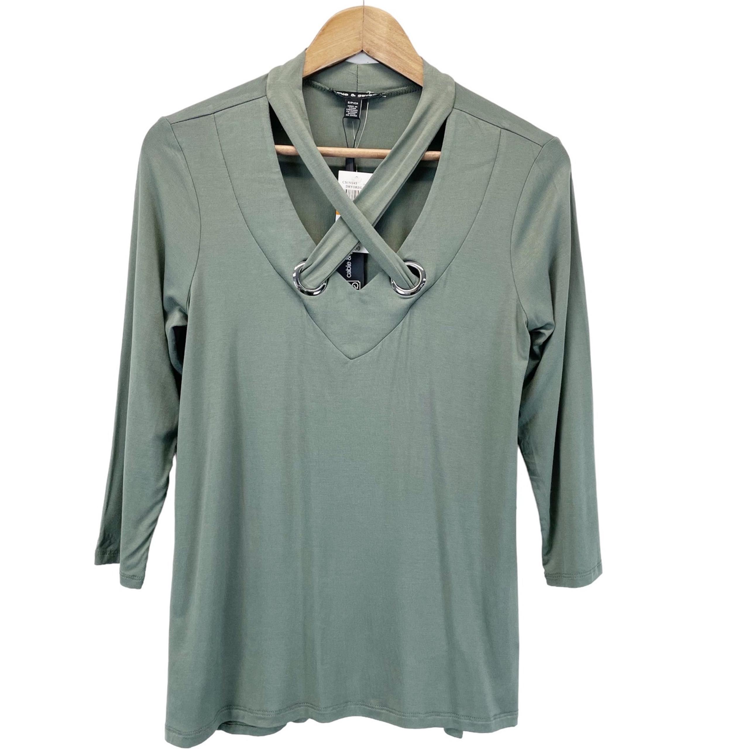 NEW Cable & Gauge Womens Knit Top Stretchy Dried Oregano Green Long Sleeve S