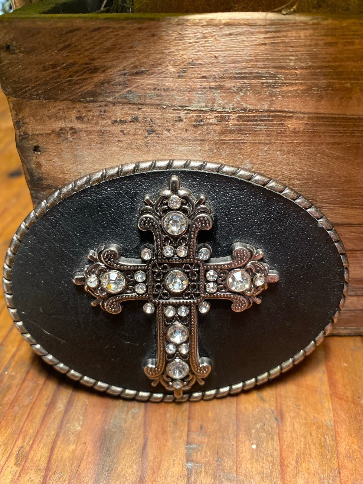 Vintage Metal Belt Buckle, Leather, Cross,