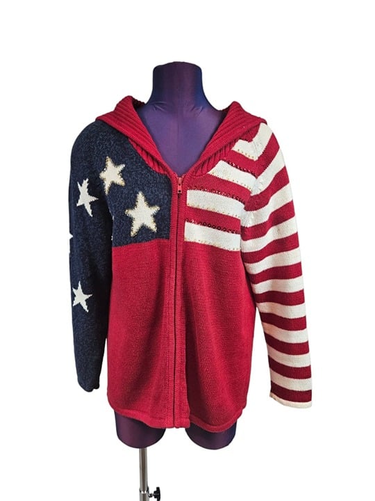 Tiara International Y2K American Flag Full Zip Cardigan Sweater Size Medium N47