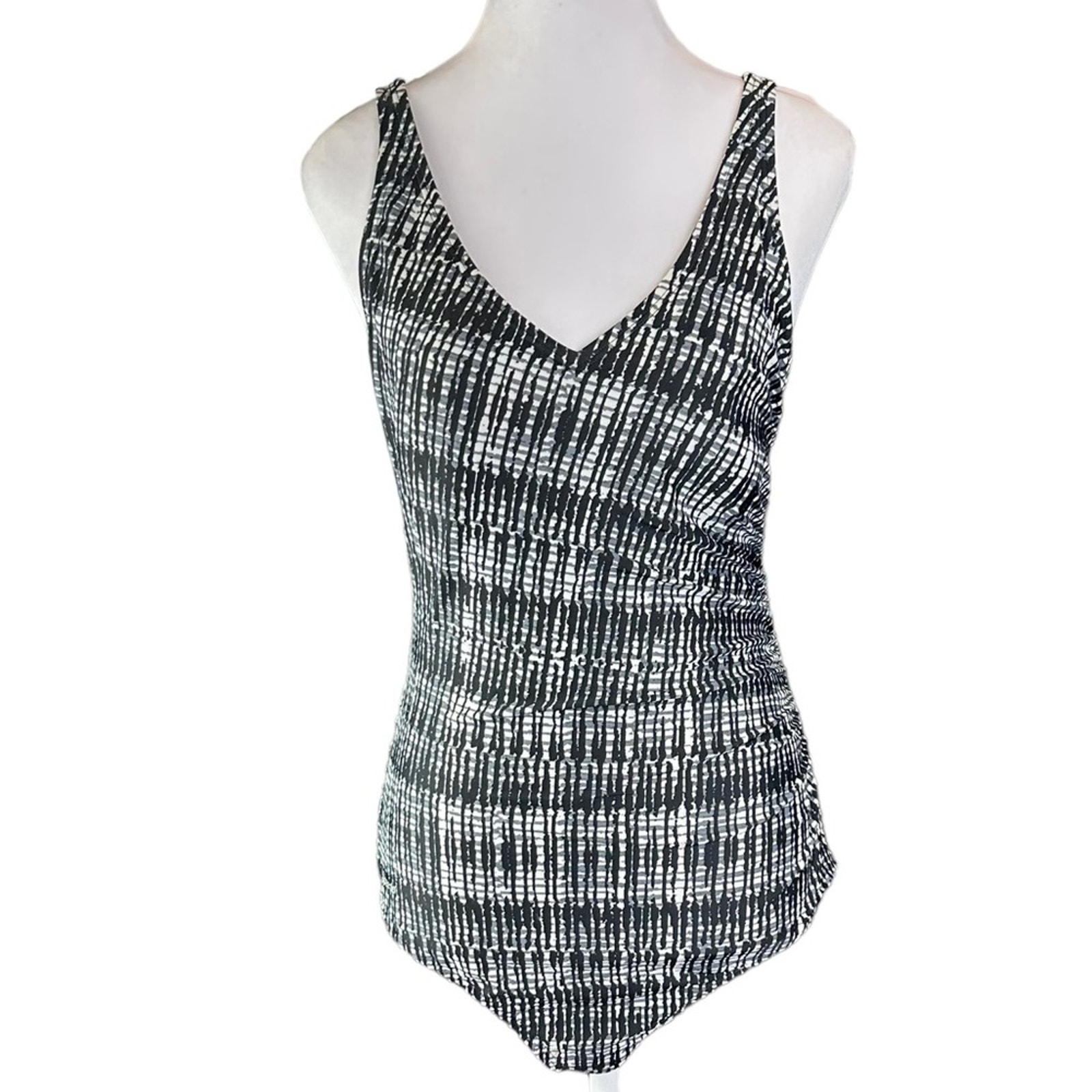 Speedo Fashion Tank One Piece Swimsuit Side Shirred Black White Size 12